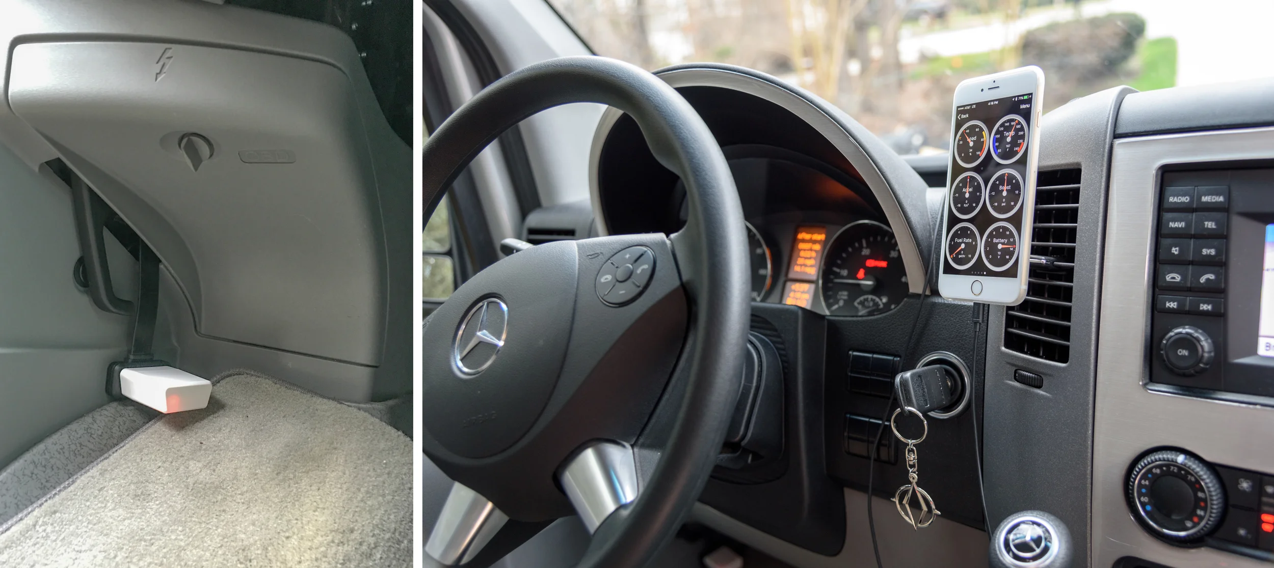The Carista OBD adapter is connected by a flat extension cable to an OBD II port inside the fuse box in the lower left corner of the cab. When the engine is started, the adapter wirelessly connects automatically to a vent-mounted smartphone that graphically displays engine computer data in real time.