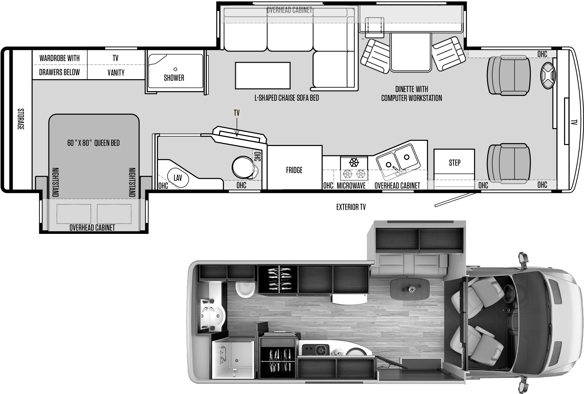 The 2017 Allegro 32SA alongside the 2015 Free Spirit SS, with its signature sofa-bed in the slide-out.