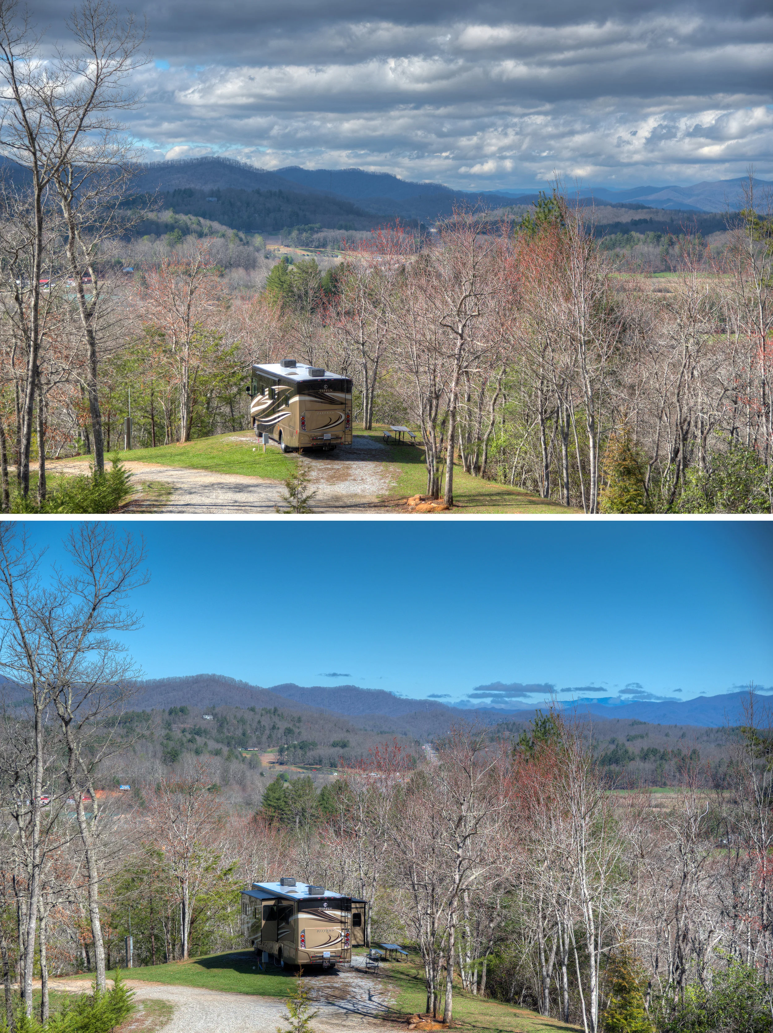 Afternoon and morning photos of our campsite at Cardinal Ridge Farm , with an early Spring view of the Blue Ridge Mountains of western North Carolina