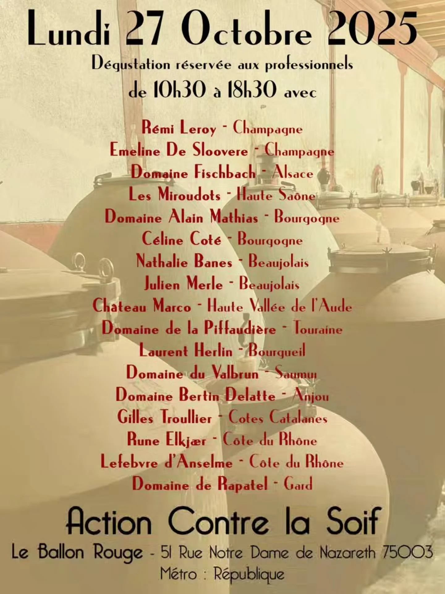 A vos agendas !!!
Lundi 27 octobre nous sommes ravis d'accueillir l'agence de vignerons @actioncontrelasoif accompagn&eacute;e de 17 de leurs vigneronnes et vignerons pour une superbe d&eacute;gustation.
De 10h30 &agrave; 18h30 !!

Venez nombreux 

@
