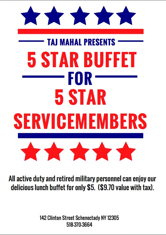 All active duty and retired military personnel can enjoy our delicious lunch buffet for only $5. 