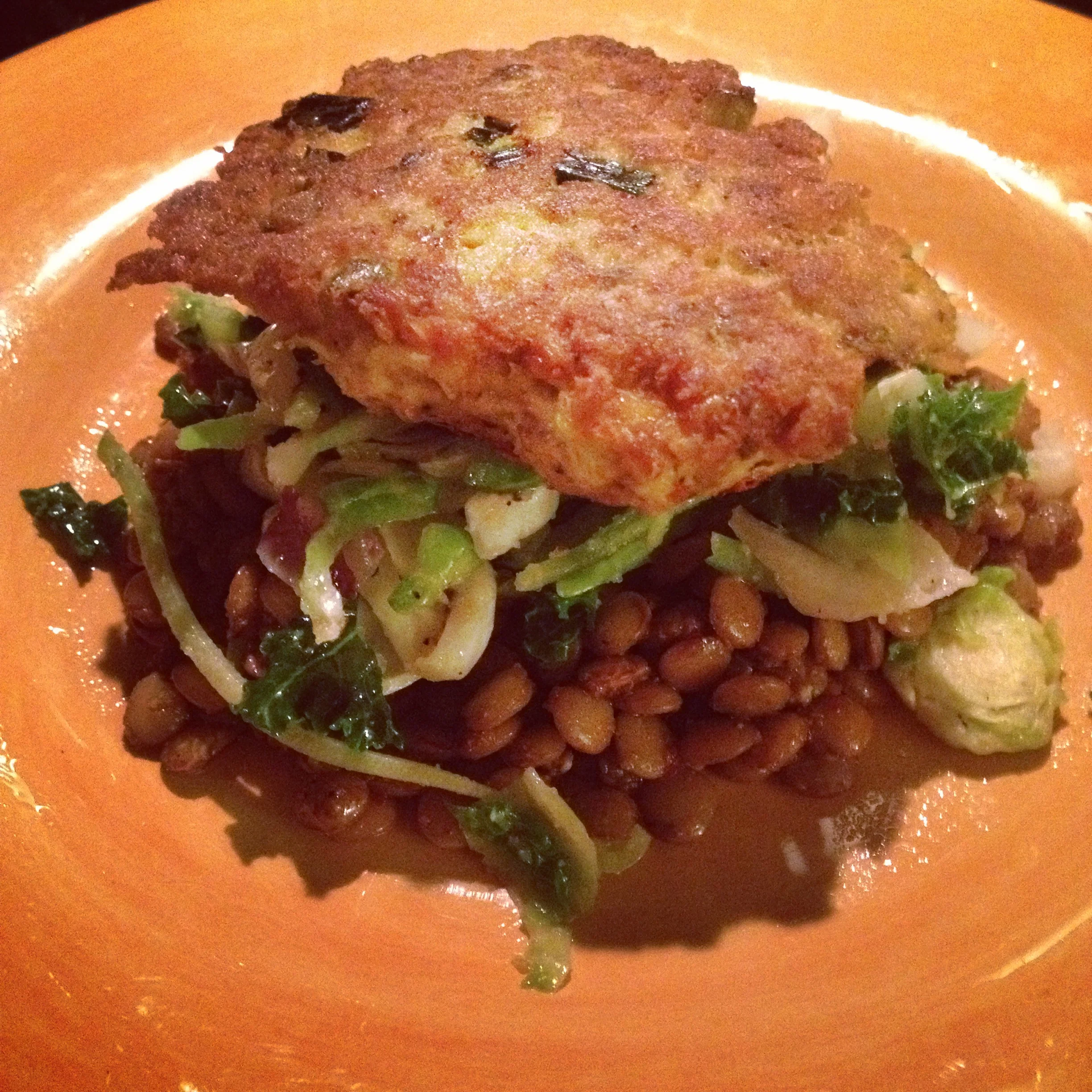 Salmon Croquettes with Wilted Greens and Spiced Lentils
