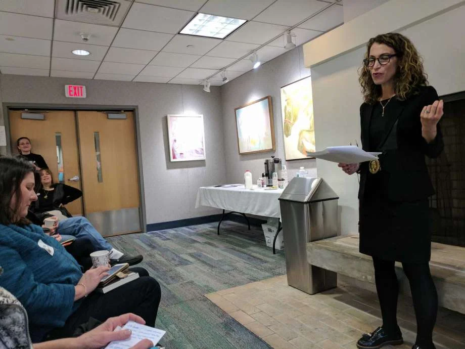 Lisa Smith speaks to an intimate group at the YWCA Greenwich about addiction
