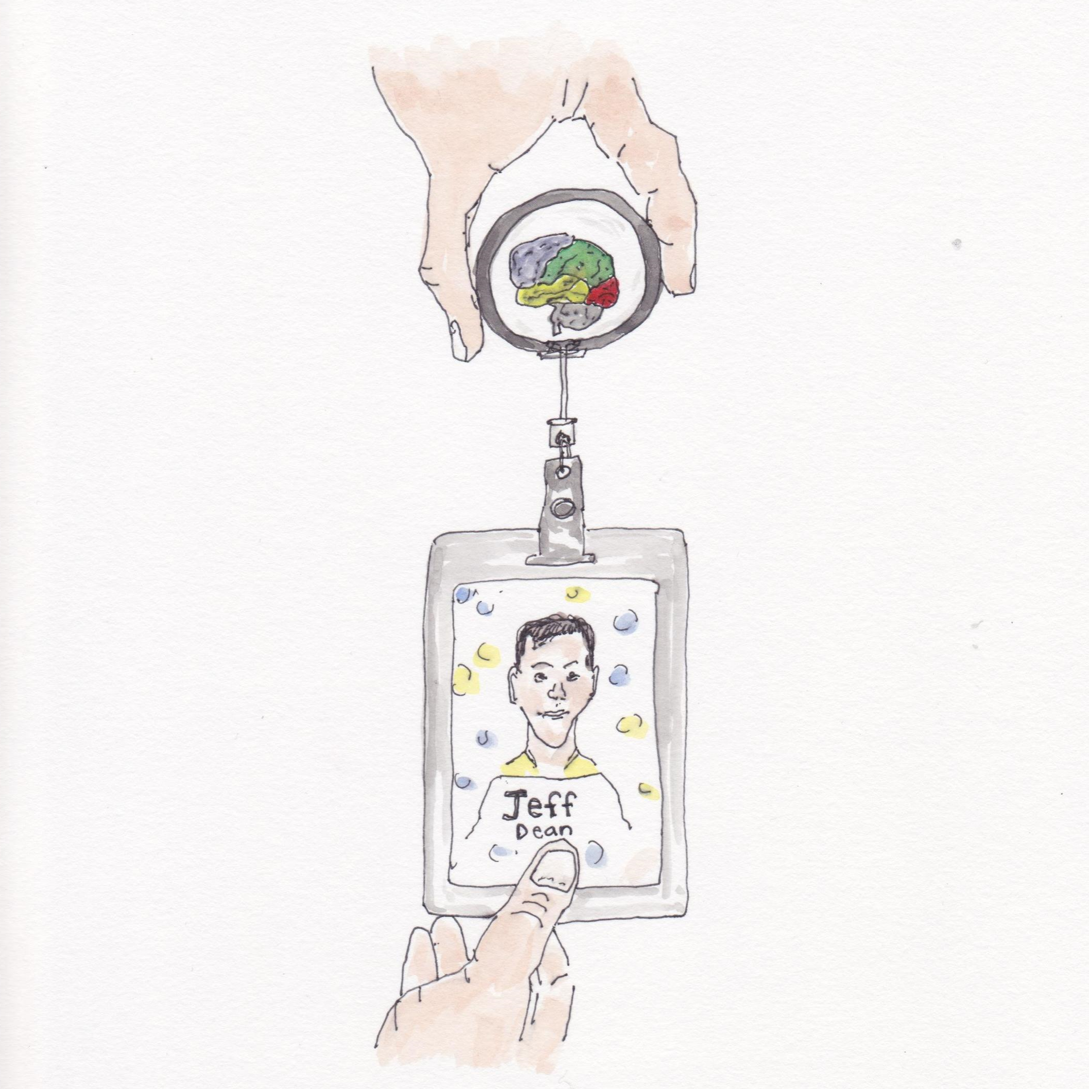 Jeff Dean's special Google ID Badge for the Deep Neural Networks Team, complete with steel cable and brain.