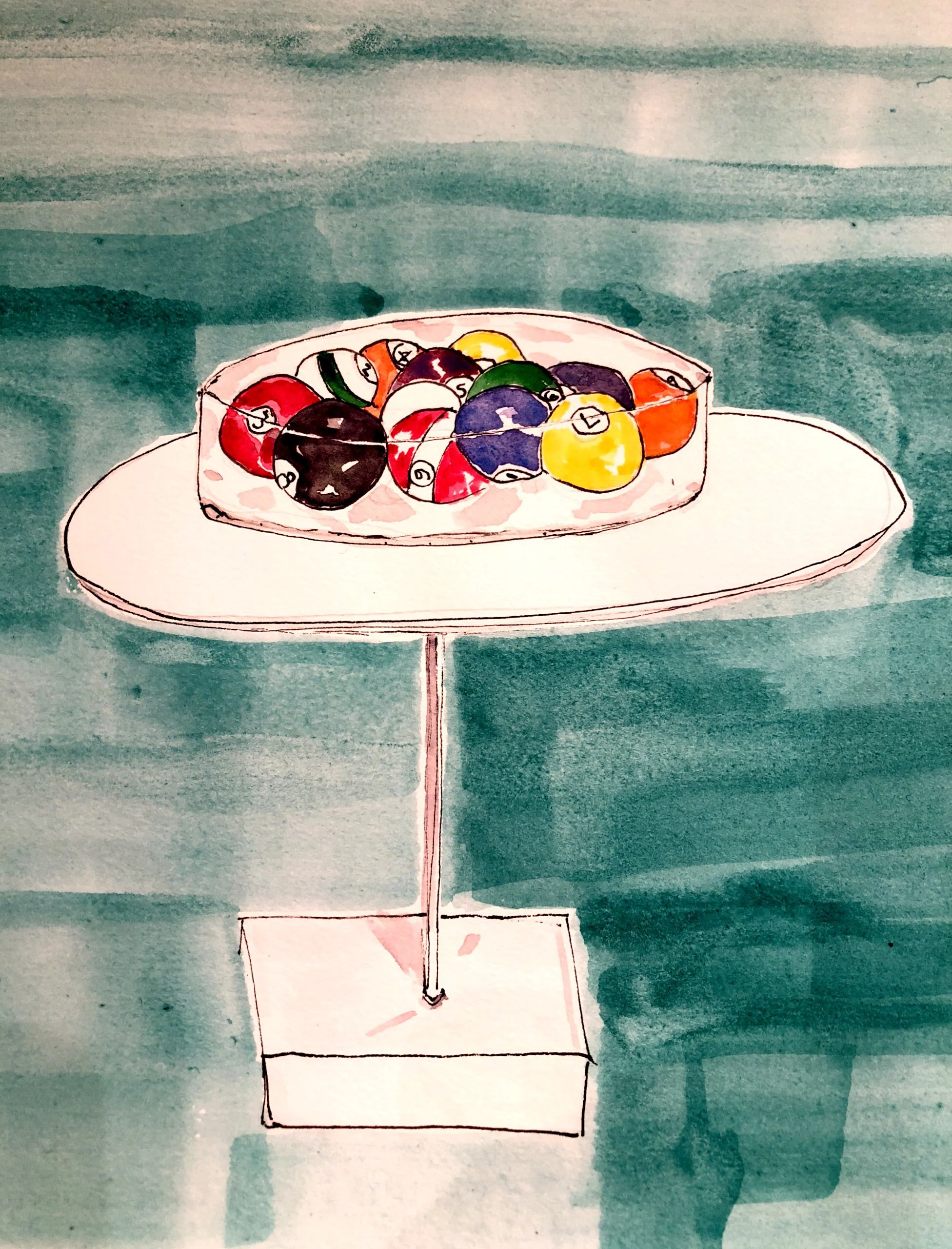Billiard balls on display - drawing by Lisa Van Dusen