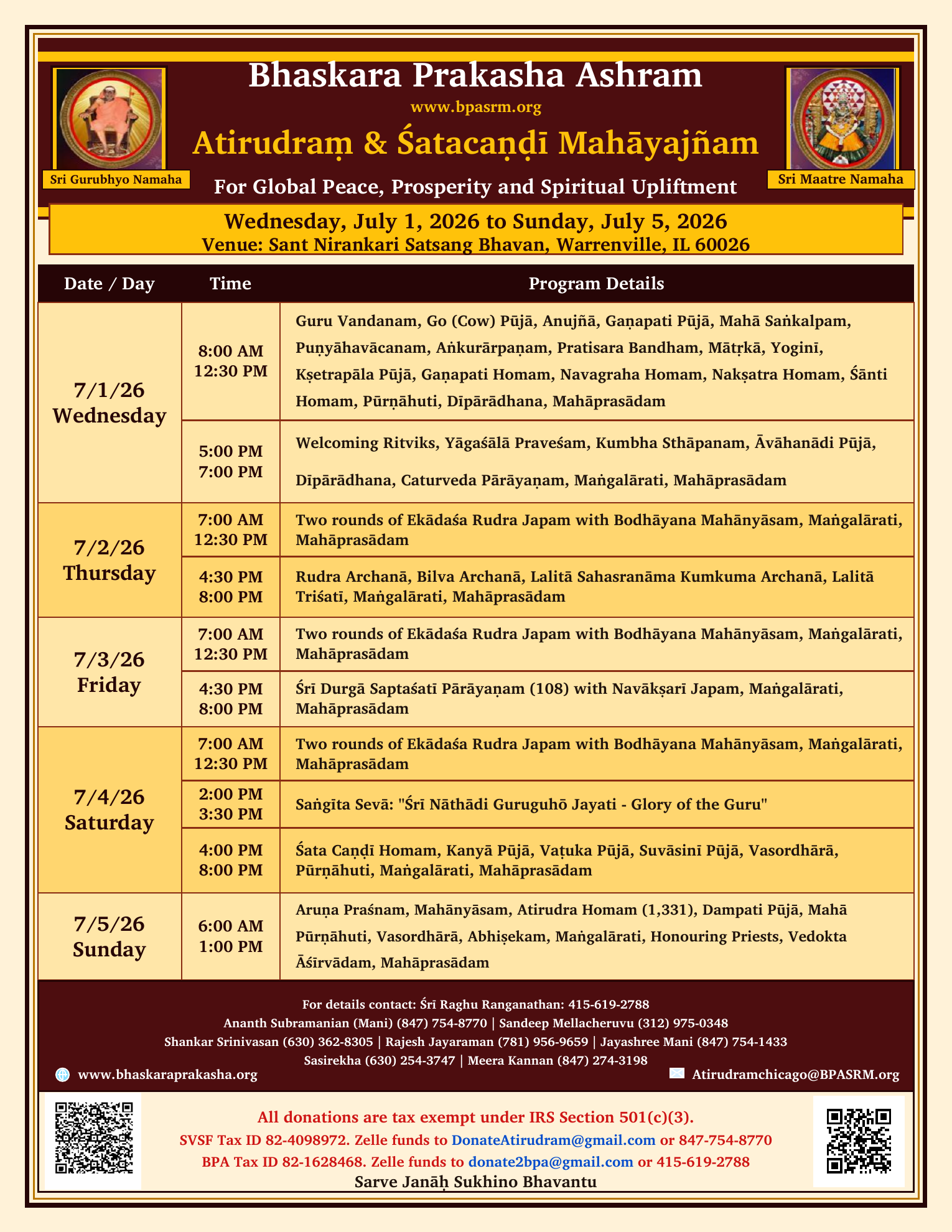 Bhaskara Prakasha Ashram Atirudram and Satacandi Mahayajnam July 2026 schedule flyer