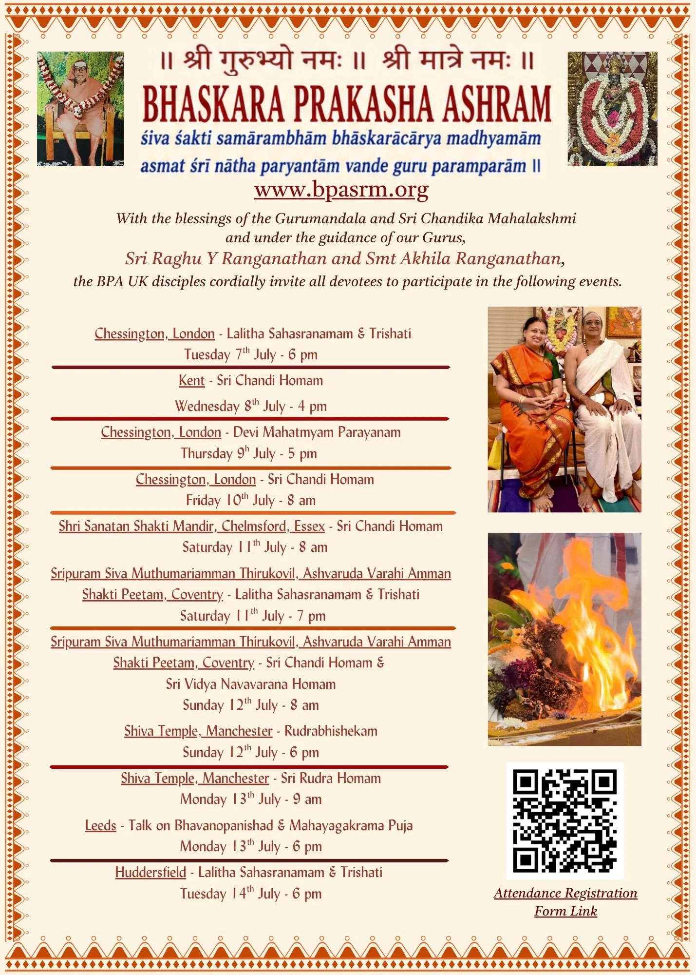 Bhaskara Prakasha Ashram UK Tour July 2026 program flyer with schedule and registration information