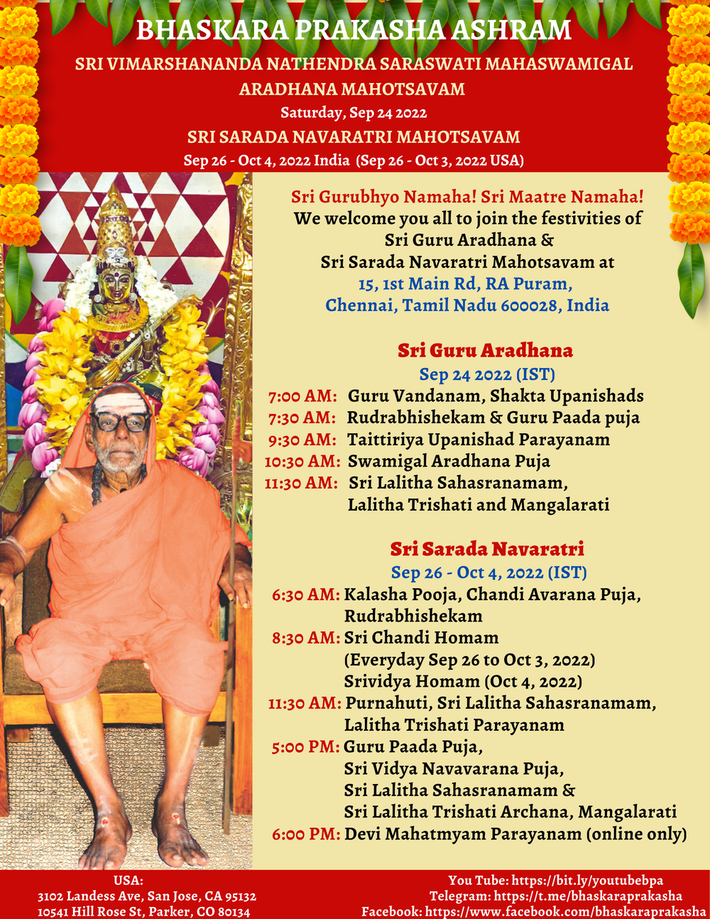 Sri Guru Aradhana and Navaratri Mahotsavam - Sept 24 to Oct 4 ...