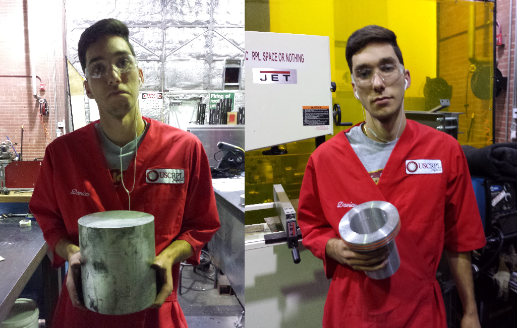 Turn Down for What: Sophomore Damian Balla turns down a 7 ½ aluminum block into a shiny nozzle carrier. (Not pictured: the hours of work in between these two photos)