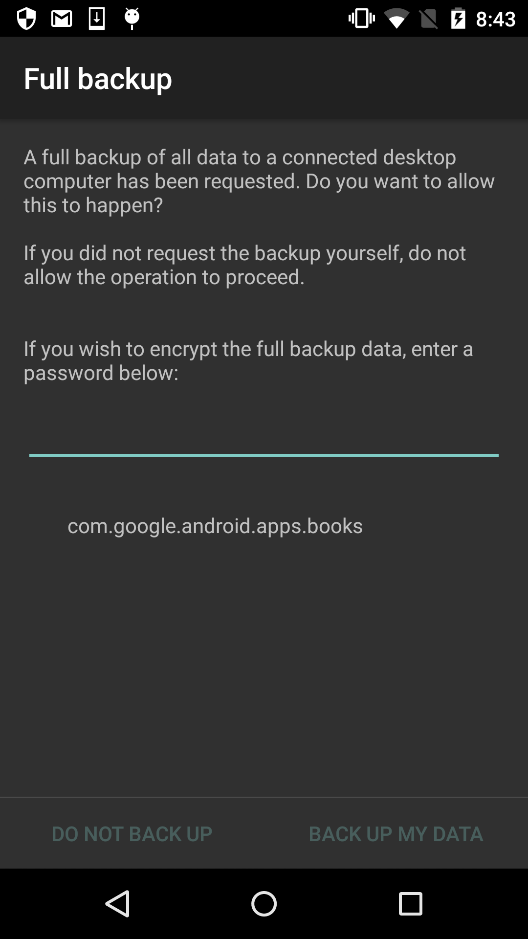 Android backup screen - To keep things simple I decided not to encrypt
