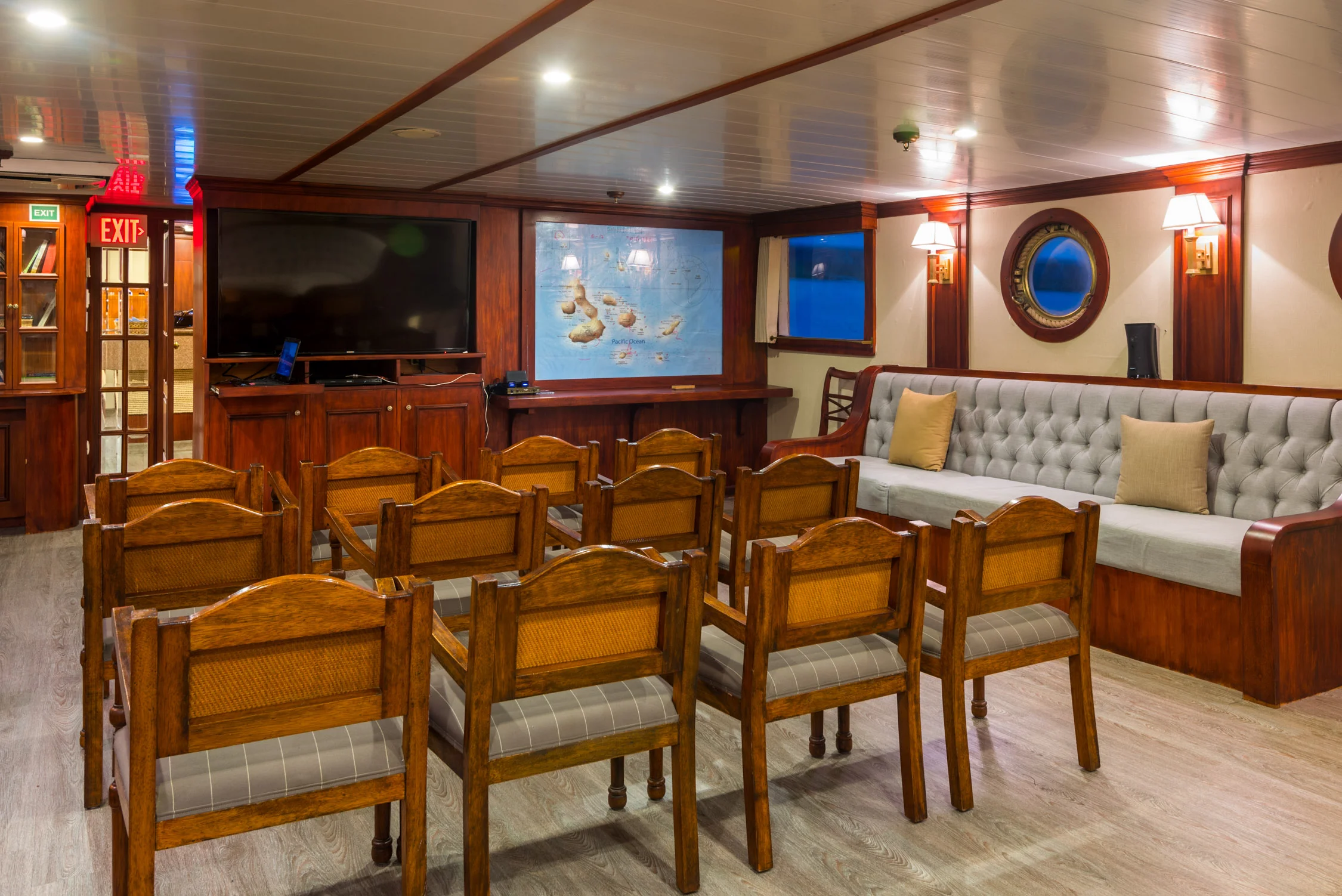 The main salon of the Evolution yacht. Our nightly briefings took place here, where we would listen to short and fascinating lectures about the islands, the animals and the history of the Galapagos