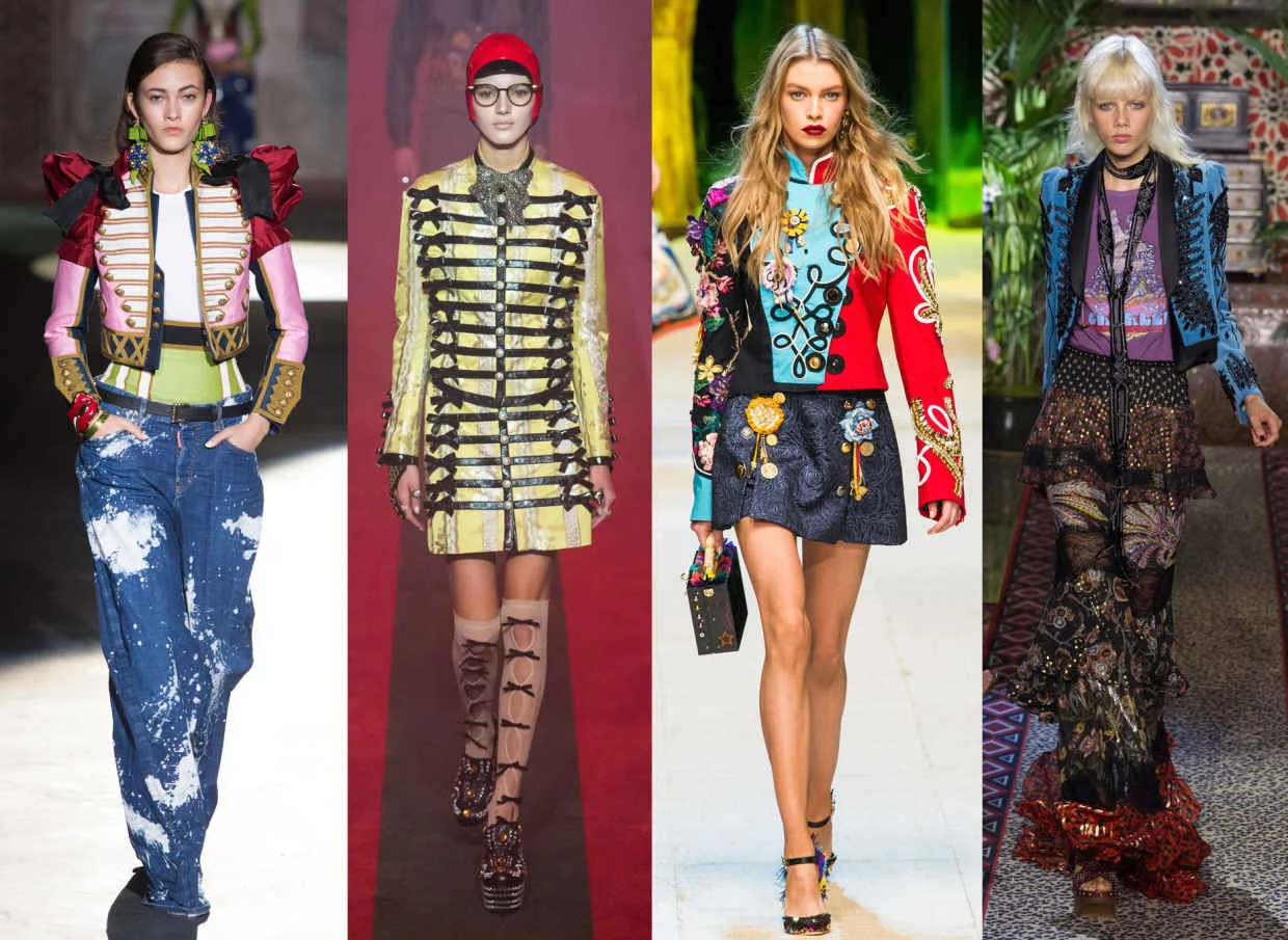 Looks from L-R: Dsquared2, Gucci, Dolce & Gabbana and Roberto Cavalli. Photos: Imaxtre