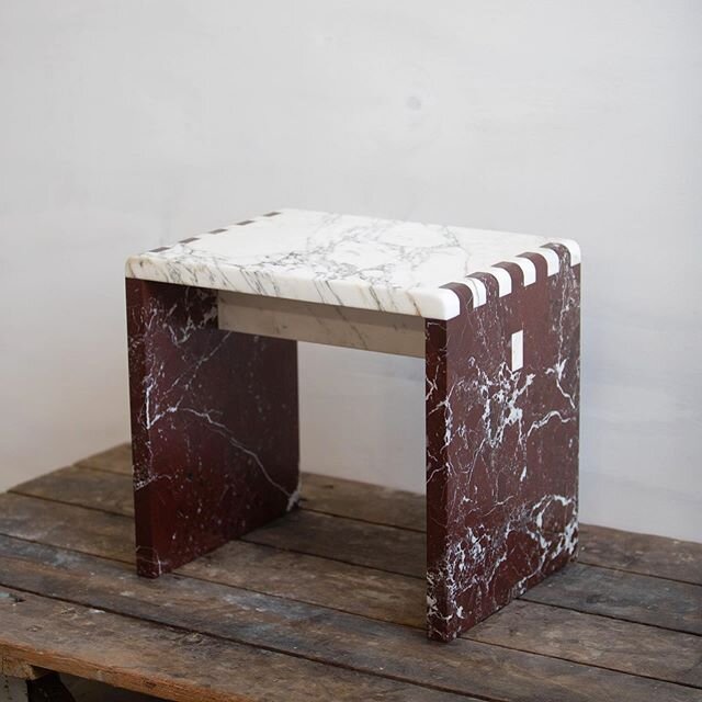 Marble Jointed Stool | 002
.
Inspired by traditional Japanese wood joinery, this minimalist Stool / Side Table is a material study of stone. Shown in Calacatta Gold &amp; Rosso Levanto |  Available in various color stones.
.
Specifications: Made from