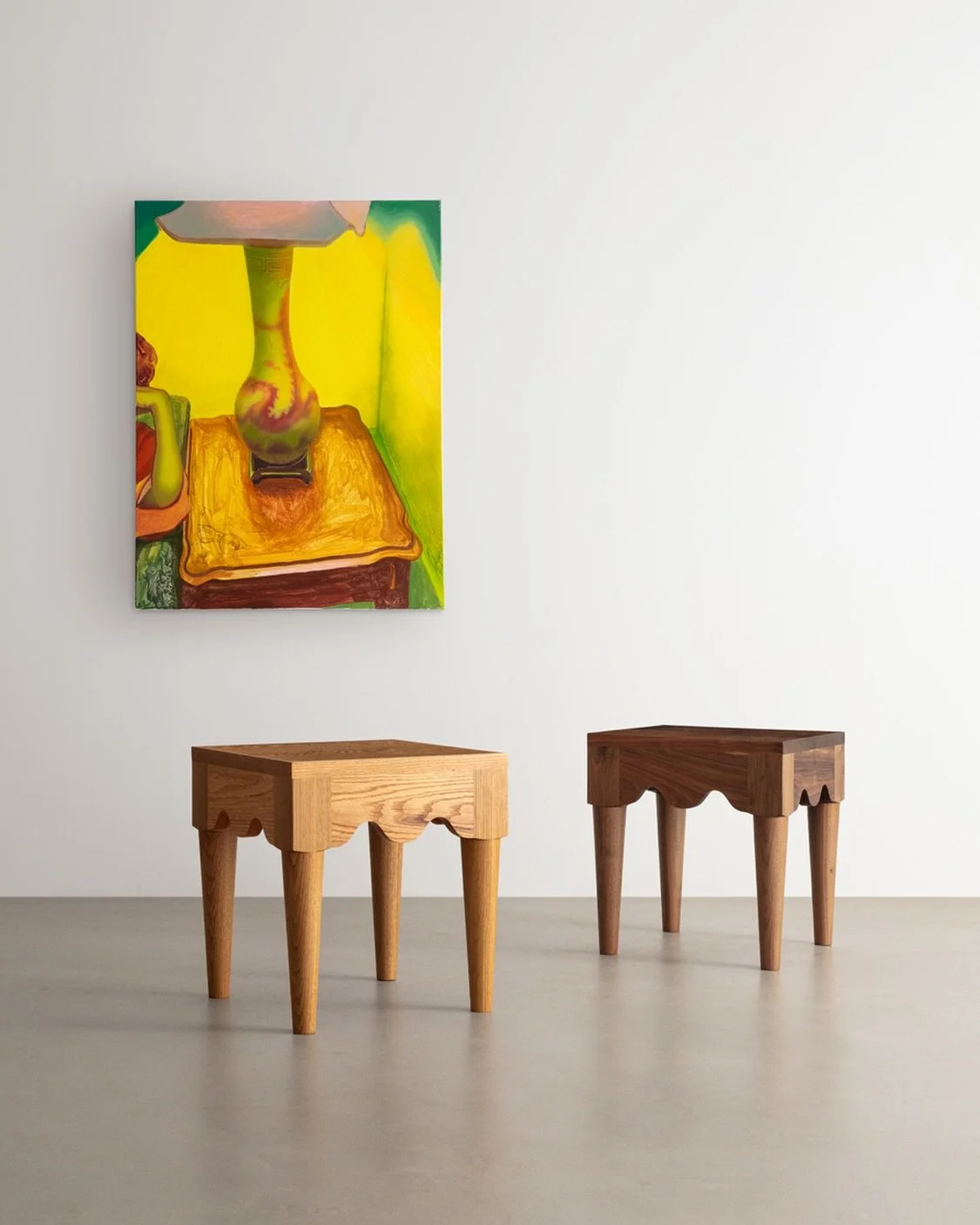 Introducing our newest member of the family&mdash; The Squiggle End Table, shown in Walnut and Red Oak.
.
Each piece is crafted from solid lumber with hand turned legs and sculpted stretchers..
.
Paired with a painting by @ivanacarman
💚💚💚
.
#inter