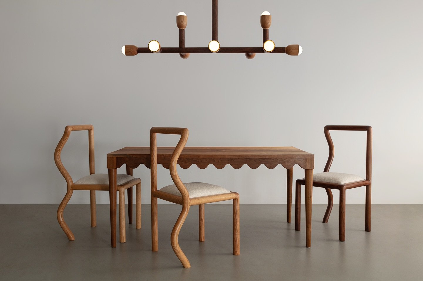 Our Squiggle Chair &amp; Squiggle Dining Table paired with our new Branch Chandelier..
.
.
#furnituredesign #customfurniture #handmadefurniture #finefurniture #walnutfurniture #woodworking #designerfurniture #contemporarydesign #collectibledesign #in