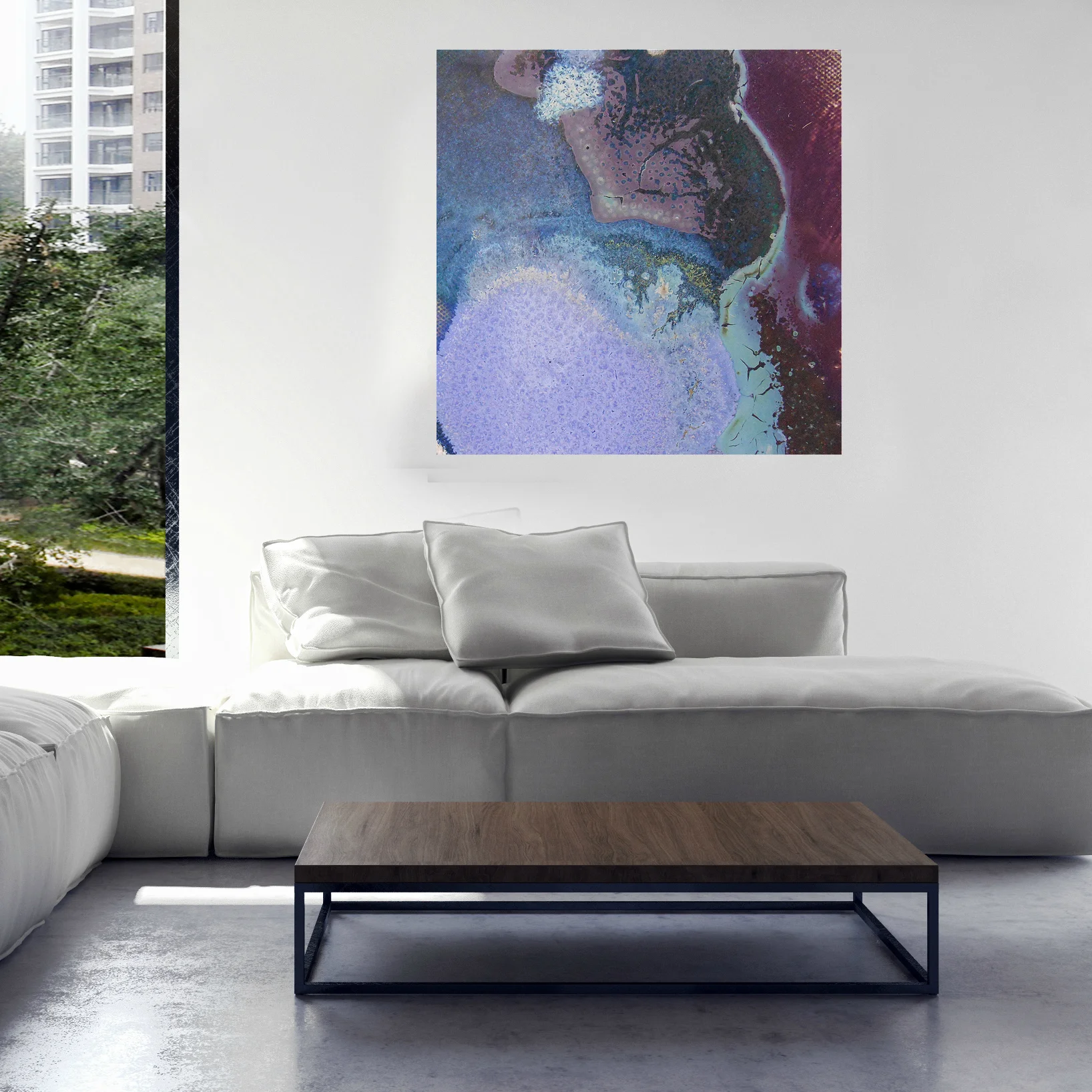 45. Modern Rustic Living Room with Square Maroon Purple and Blue Abstract Canvas Print Maggie Minor Designs.jpg