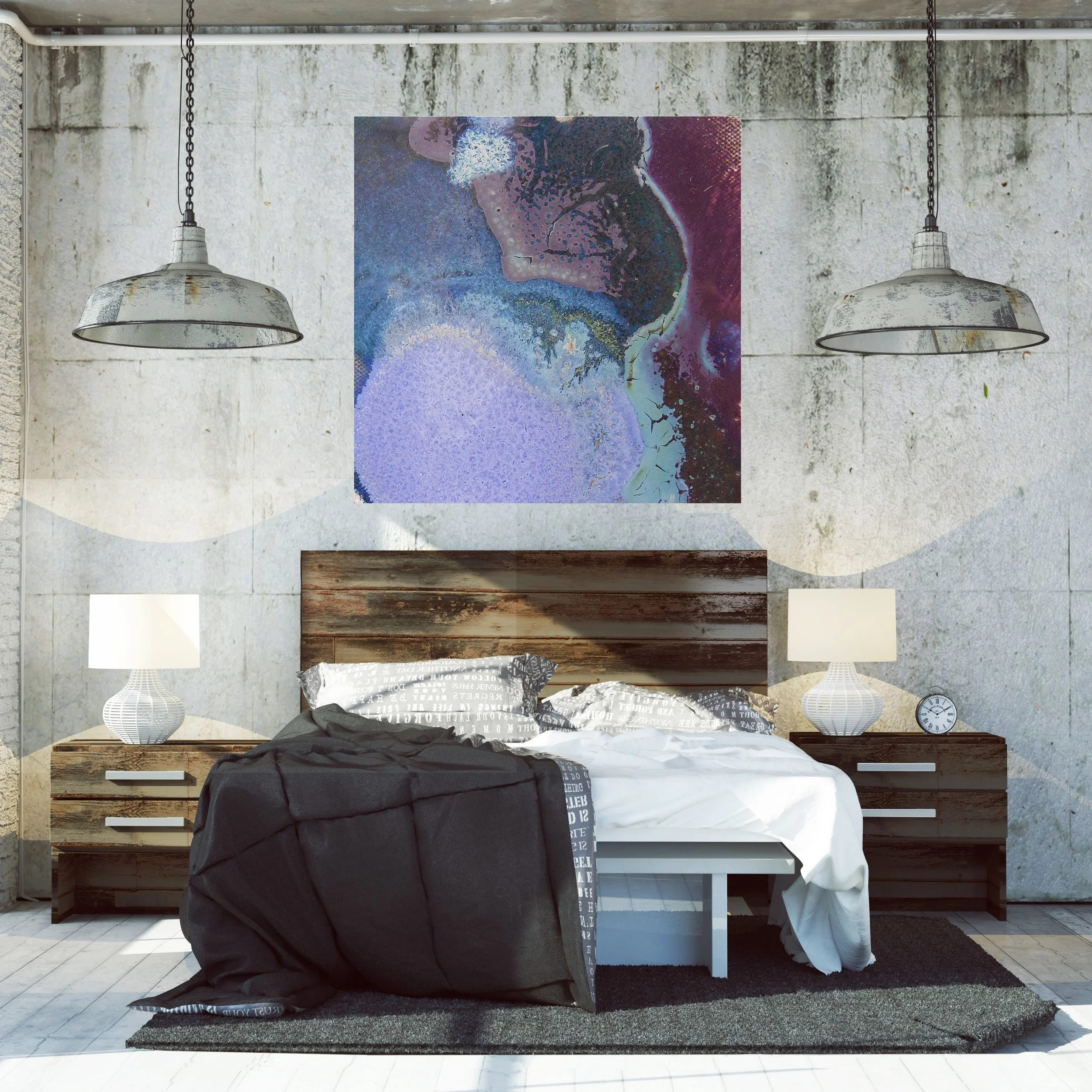 Industrial loft bedroom with maroon and purple abstract canvas print Maggie Minor Designs.jpg