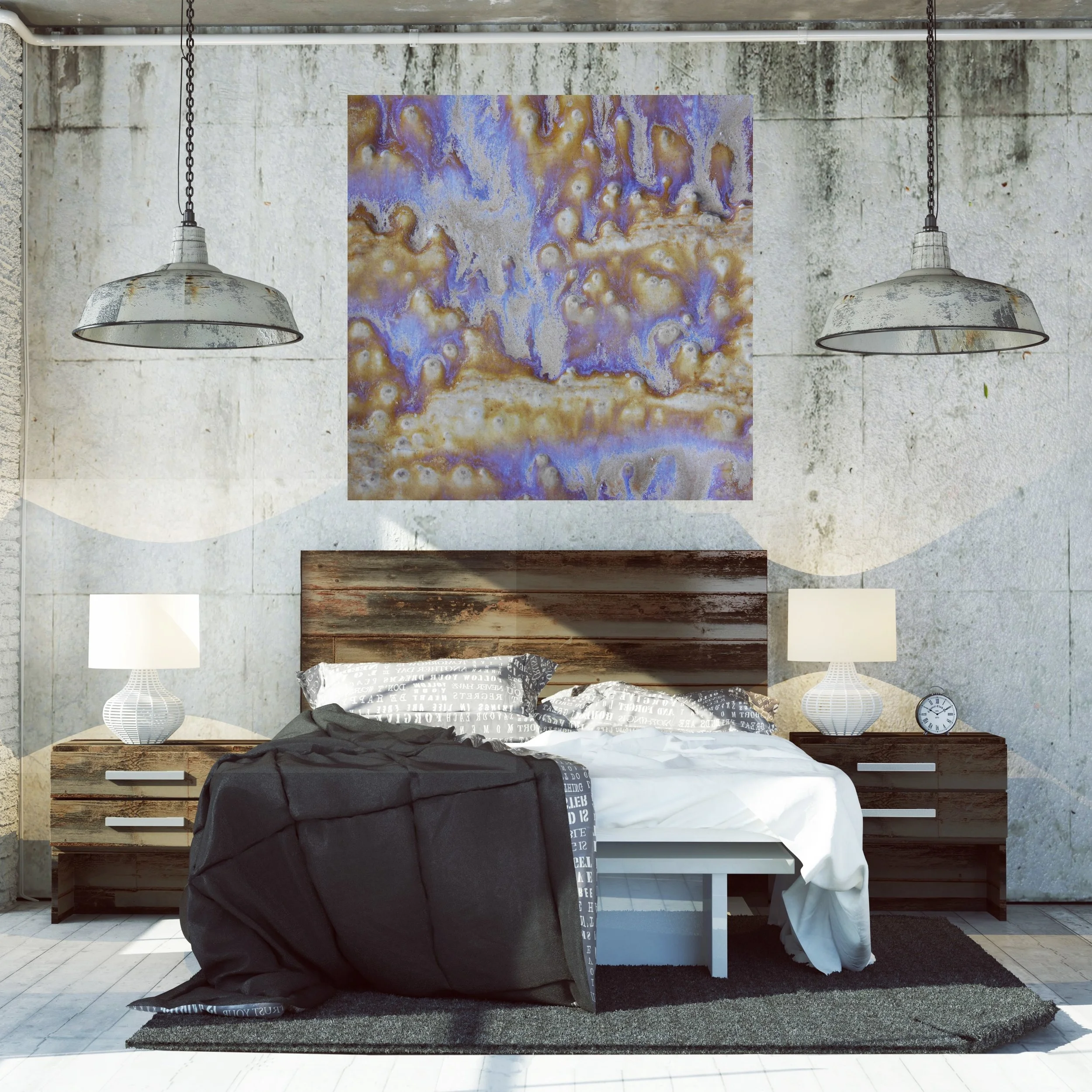 Industrial loft bedroom with oversized brown abstract canvas print Maggie Minor Designs.jpg