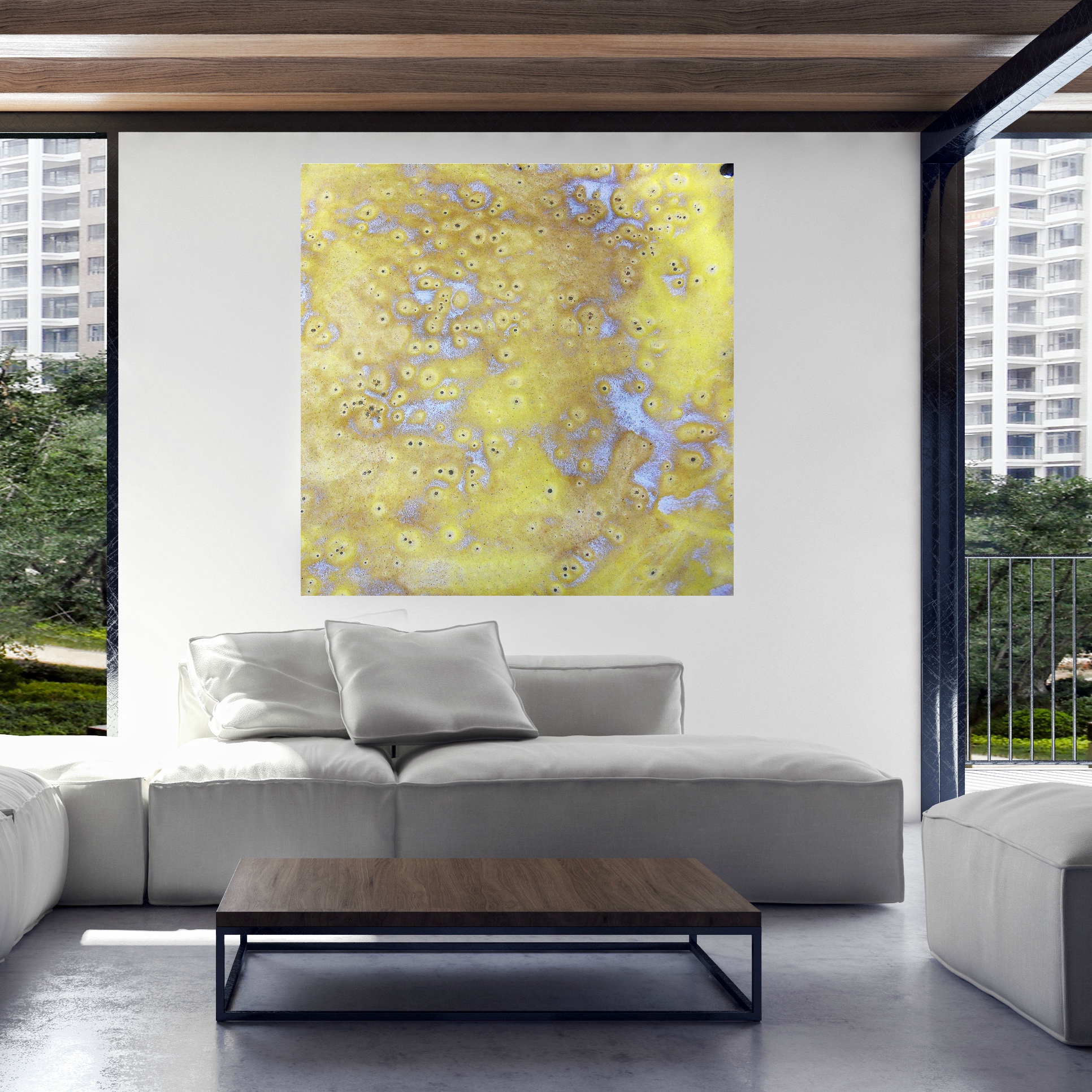 Modern loft living room with oversized yellow abstract canvas print Maggie Minor Designs.jpg
