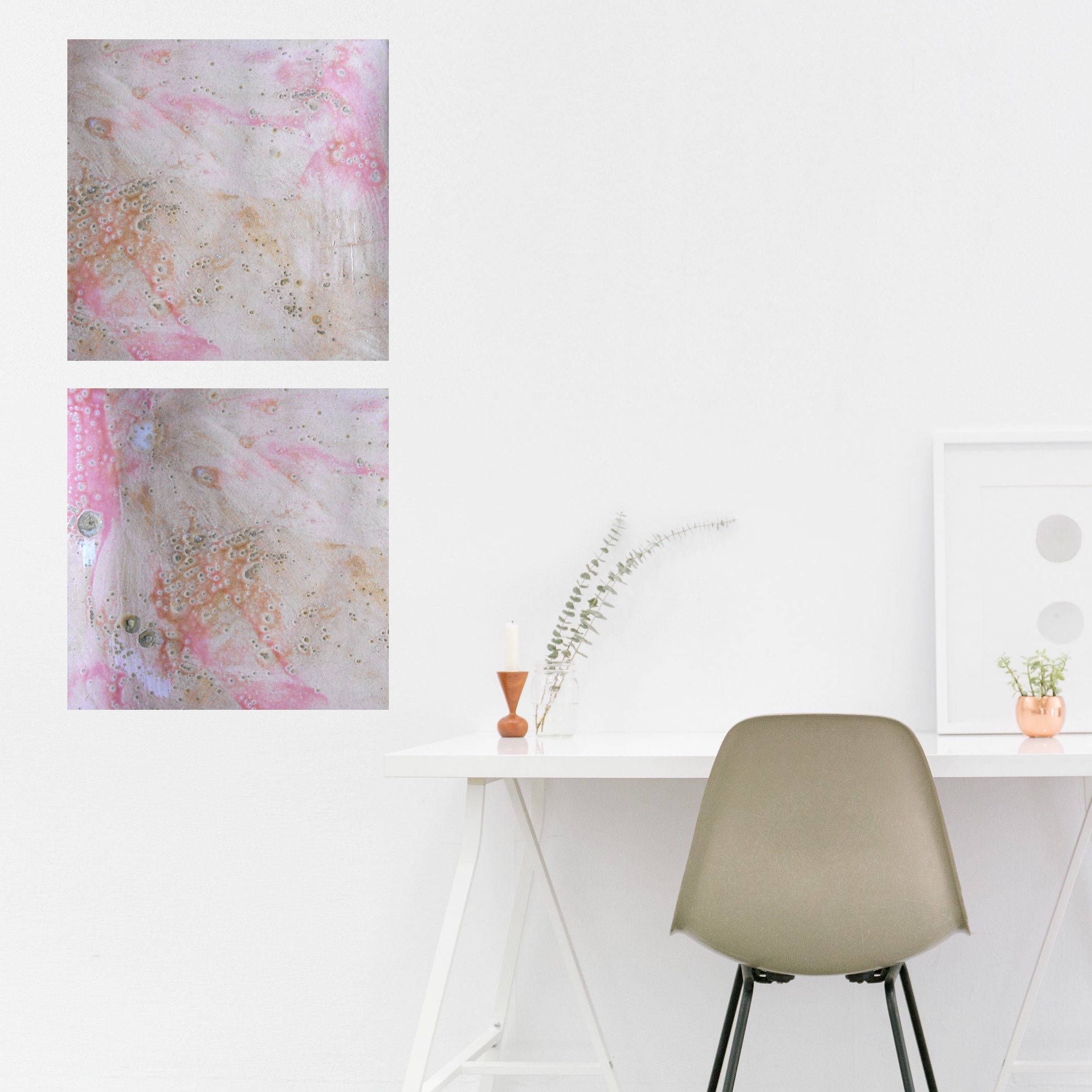 11. set of pink and white square abstract canas prints in office.jpg