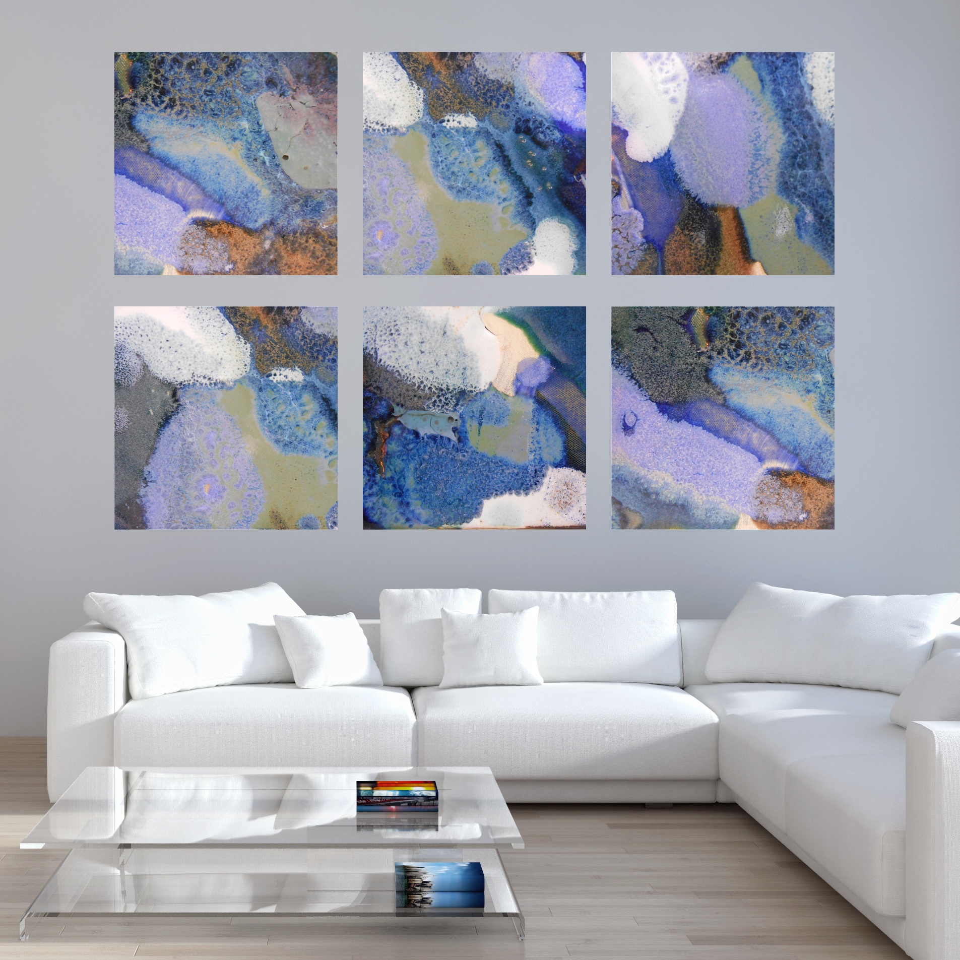 41-44. Modern Living Room with Set of Square Purple Blue Black Abstract Canvas Print Maggie Minor Designs.jpg
