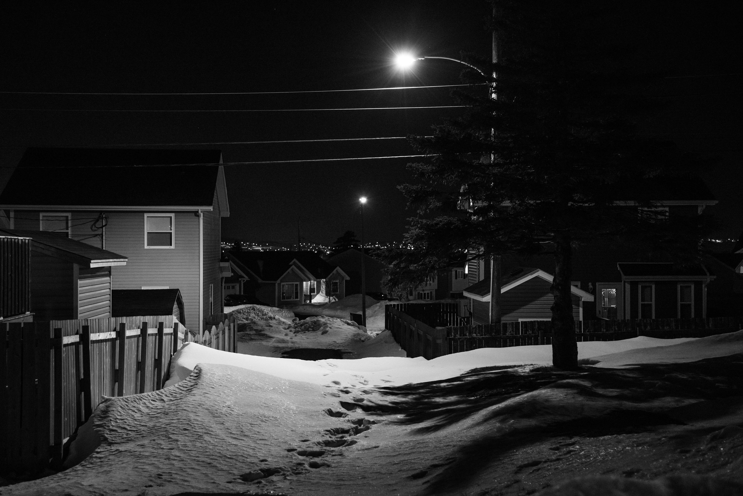 Streetlights guide the way through trails only a few brave souls would tackle. Looking West from our mailbox.