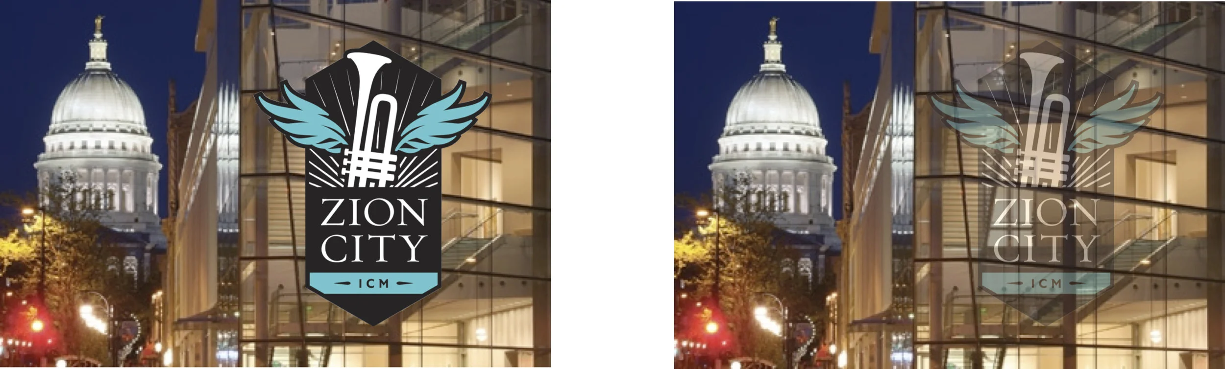 No overlapping or changes in the opacity of the logo over contrasting images as seen in the background image not he right.