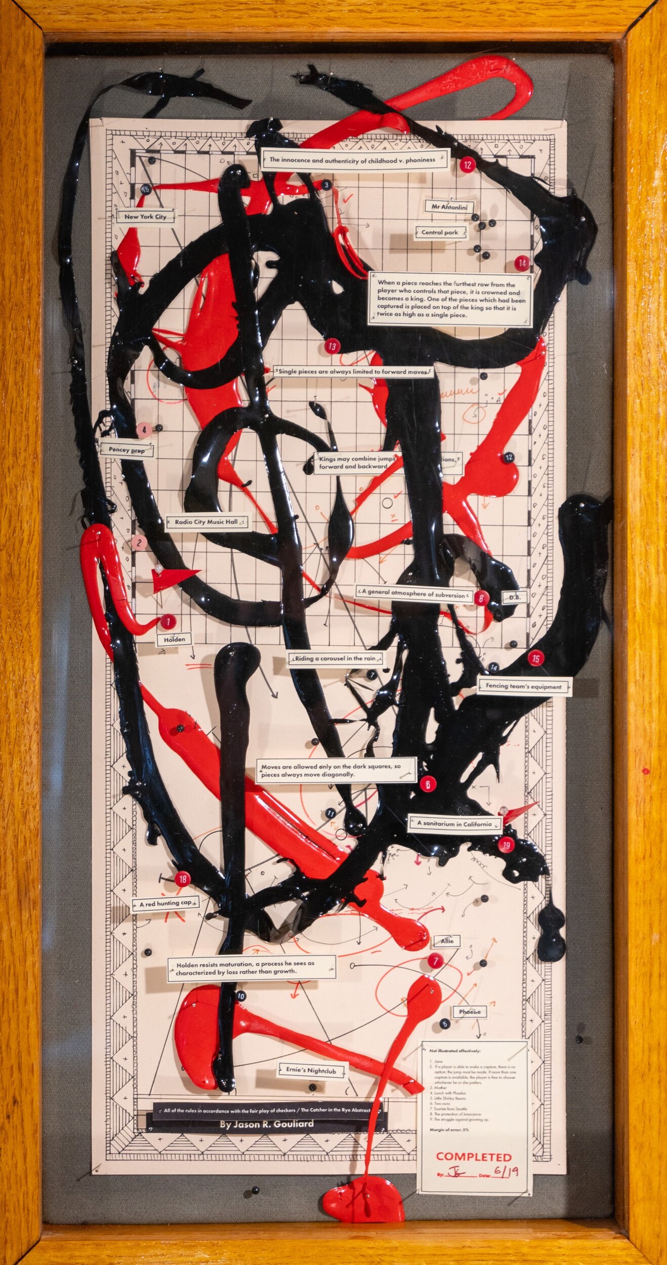 <b>Jason Gouliard</b></br><i>Traveller edition: All of rules in accordance with the fair play of checkers/"Catcher in the Rye" Abstract</i></br>2021</br>mixed media assemblage  