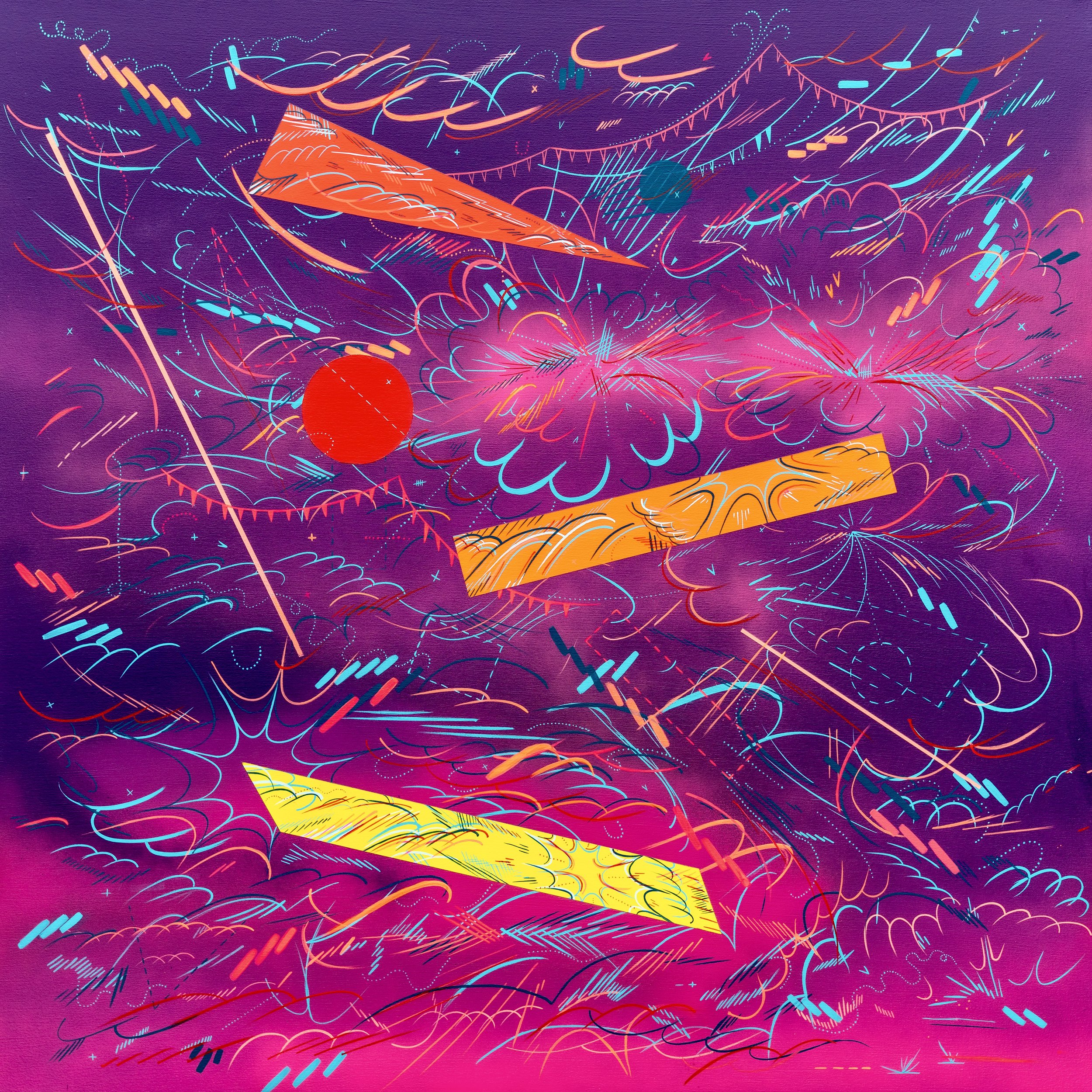 <b>Jason Gouliard</b></br><i>Stars Revealed, Passed, and Were Dissolved in Dawn as Searchlights Stroked the Sky: Number 48</I></br>2023</br>acrylic on canvas</br>40” x 40”