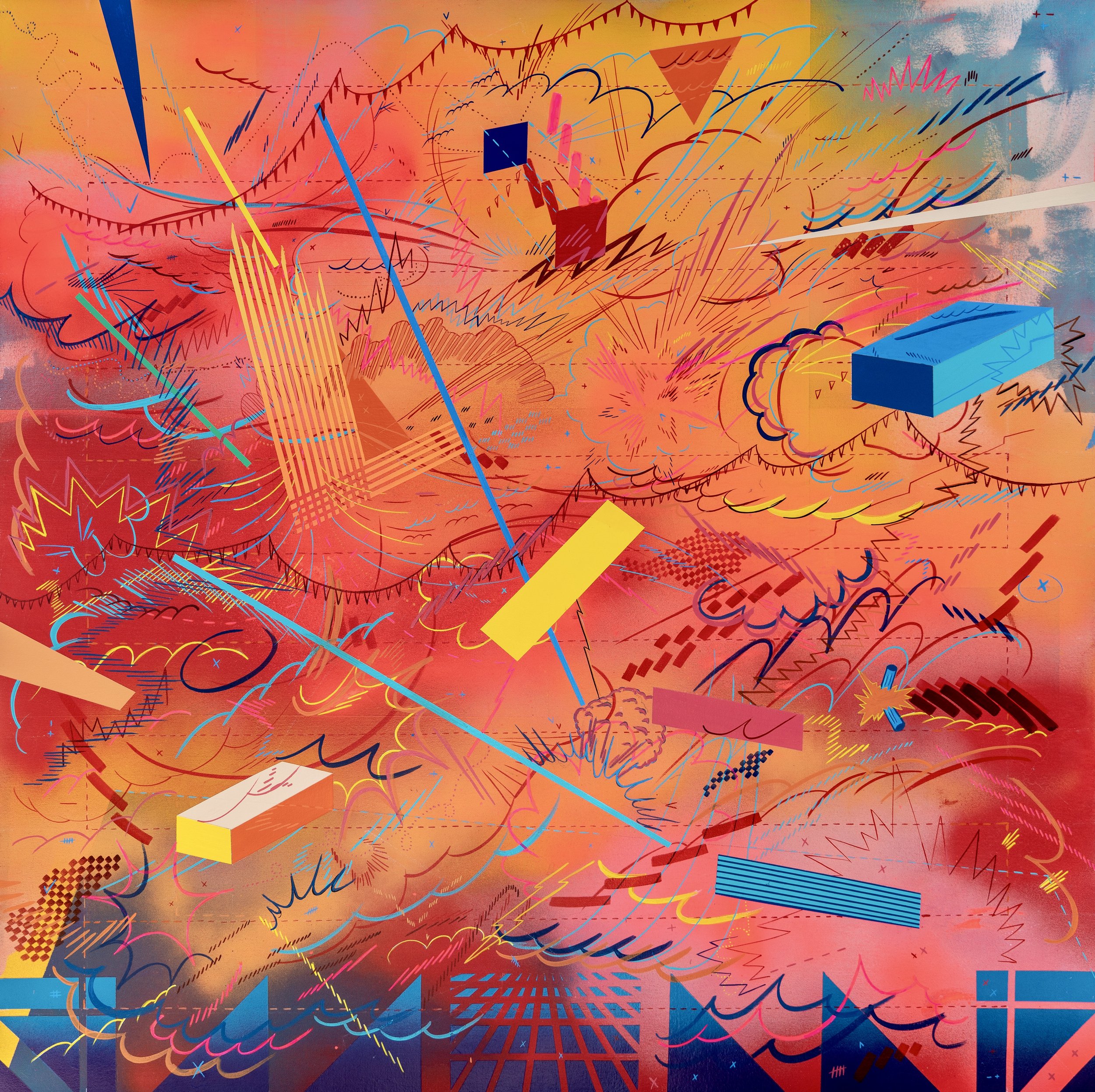 <b>Jason Gouliard</b></br><i>The Sudden Arrival of Conditions More Brilliant Than Generally Advised: Number 74</I></br>2025</br>Acrylic on canvas</br>36” x 36”