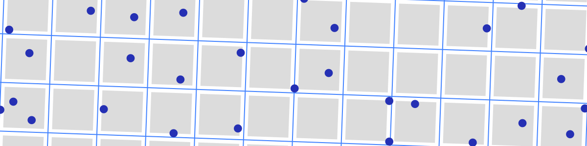 Zoomed-in view of part of my example. A grid of 2D seismic lines, 3 km apart, and randomly distributed features, each 500 m in diameter. If a feature's centre falls inside a grey square, then the feature is not intersected by the data. The grey squares are 2.5 km across.