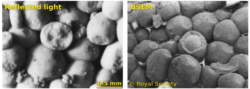 Reflected light photomicrograph (left) and backscatter scanning electron microscope image (right) of Ketton Stone. Adapted from figures 2 and 3 of Hull (1997). Images are © Royal Society and used in accordance with their terms .