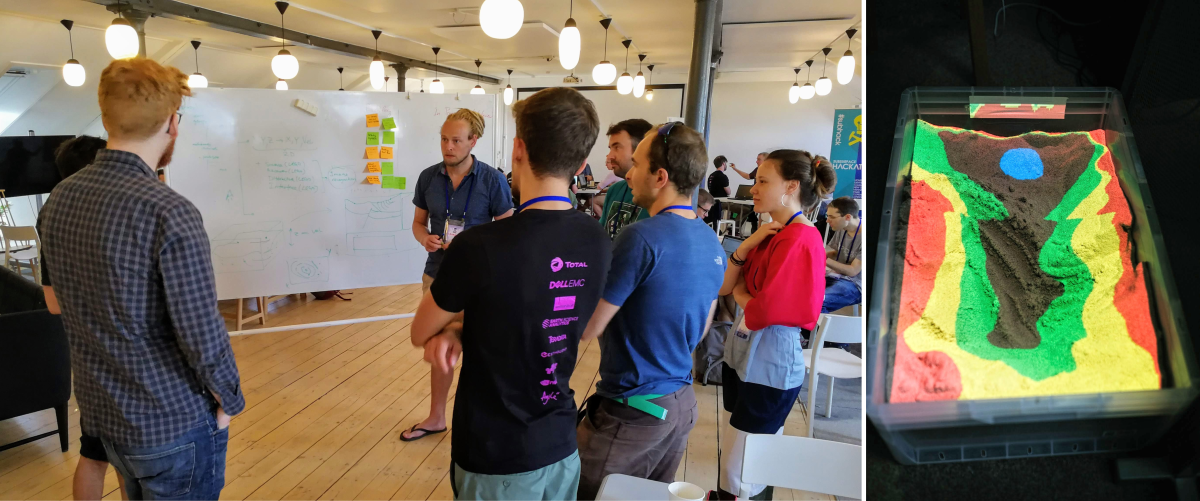 Simon Virgo (centre) and his colleagues in Aachen built an augmented reality sandbox, powered by their research group's software, Gempy . He brought it along and three teams attempted projects based on the technology. Above, some of the participants are having a scrum meeting to keep their project on track.