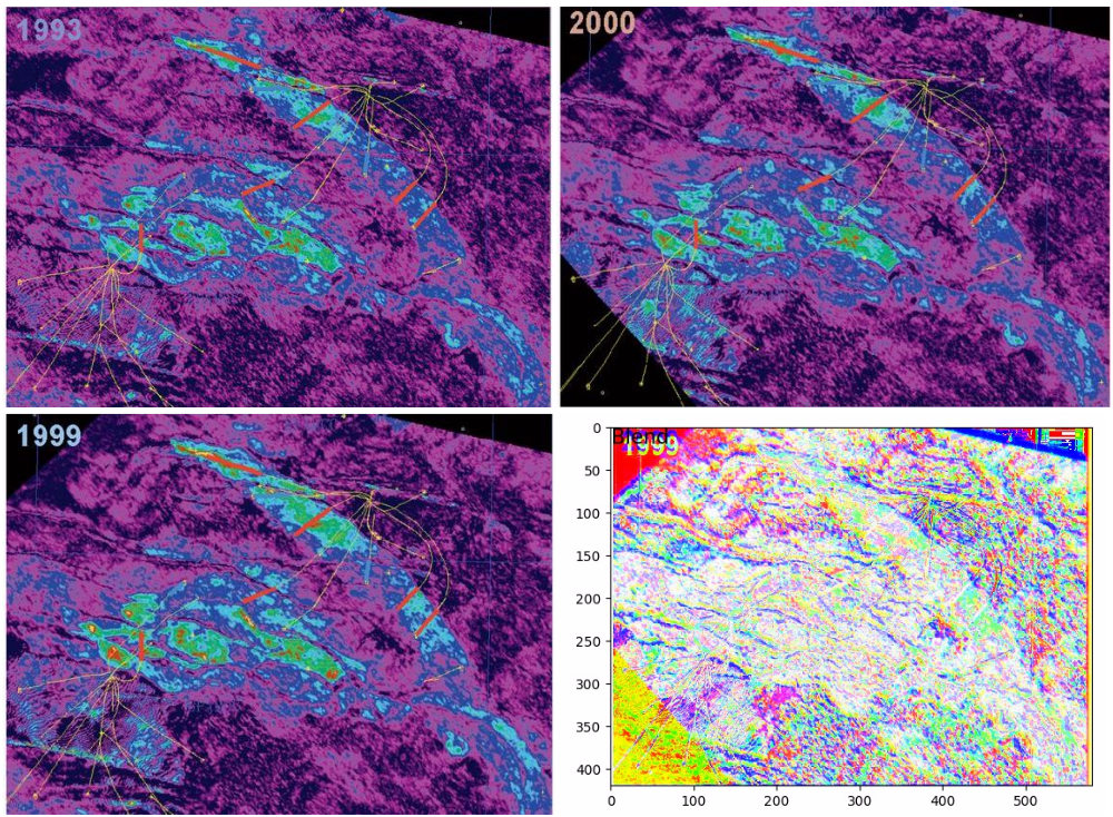 The differences (lower right) between three time-lapse seismic amplitude maps.