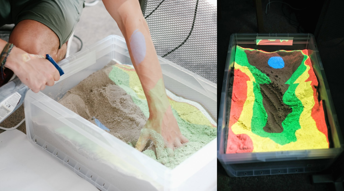 magic box of sand: Sculpting a landscape (left), and the projected map (right). You can't even imagine how much fun it was to play with.