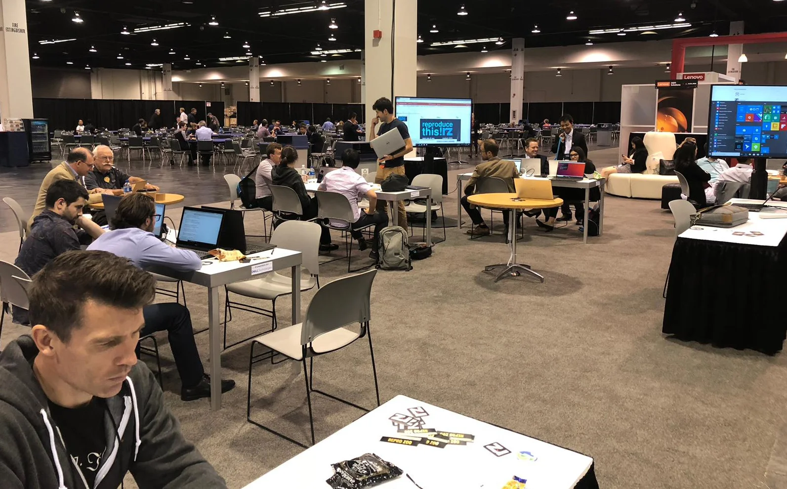 The scene at the Repro Zoo. An air of quiet productivity hung over the booth. Yes, that is Sergey Fomel and Jon Claerbout. Thank you to David Holmes of Dell EMC for the picture.