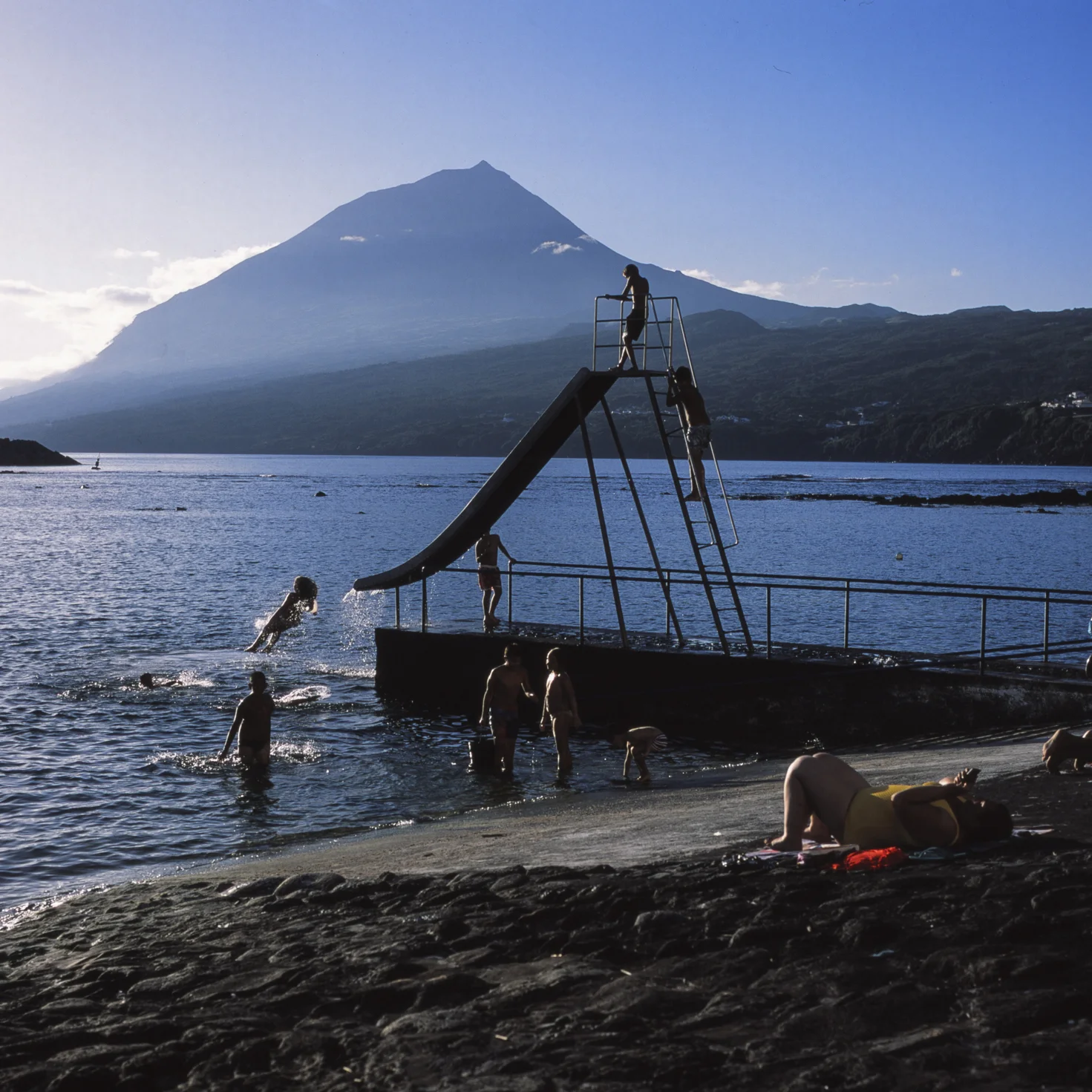 Nautical Club in Lages do Pico. Formerly used as a dock for whaling boats to depart from, it is now used as recreational area overlooking the mountain of Pico.