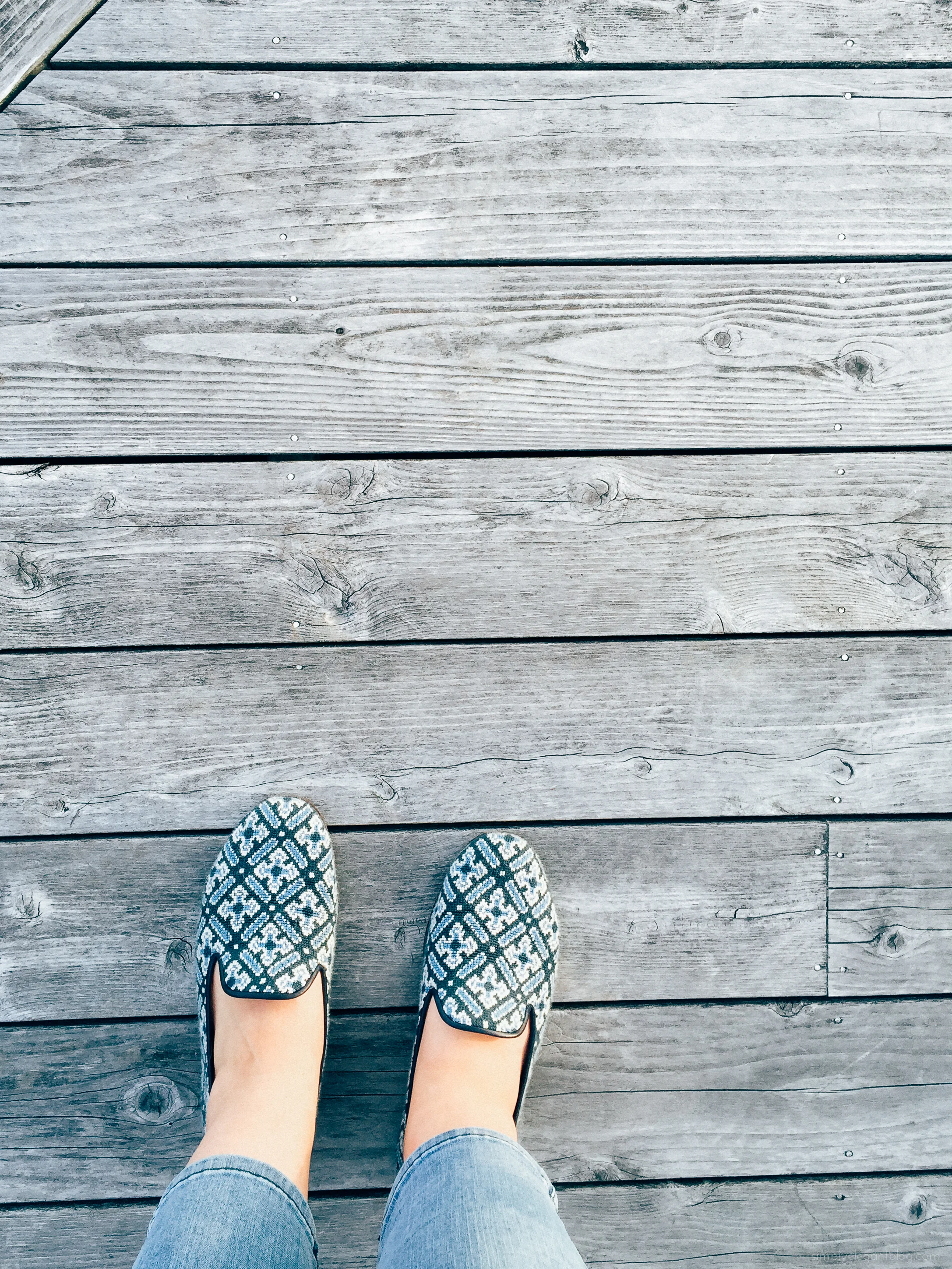wearing my favorite needlepoint flats - stubbs & Wootton. 