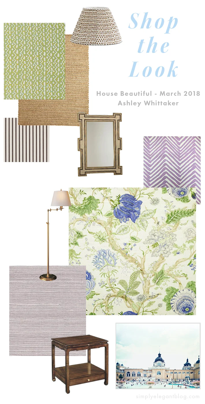 Top to bottom: 1. Wild Ginger Lampshade from Bunny Williams Home . 2. Tapa in Sulphur Fabric from Fortuny . 3. Braided Abaca Rug from Serena & Lily. 4. Constanta Mirror from Mr Brown London . 5. Ticking Fabric by Rogers & Goffigon . 6. Zig Zag Lavender Fabric from Alan Campbell for Quadrille 7. Abre De Vie Fabric from Clarence House . 8. Triple Swing Arm Floor Lamp from Circa Lighting . 9. Bermuda Hemp Wallpaper from Phillip Jeffries . 10. Global Summer Photograph by Yiorgos Kordakis for Voltz Clarke . 11. Sara Side Table by Alexa Hampton from Hickory Chair .