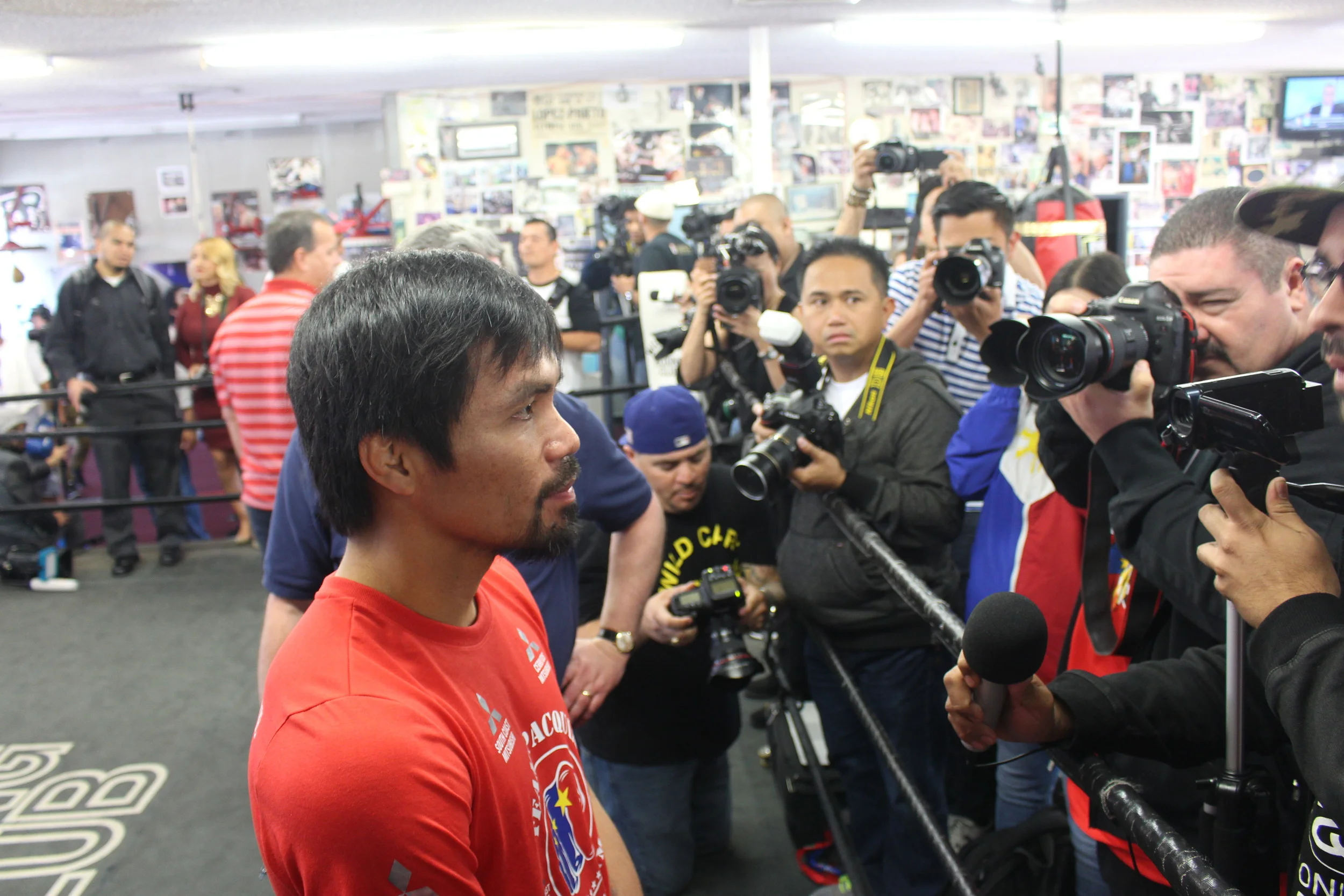 Pacquiao takes questions from the media before beginning his workout. Photo: Harvey Feliciano- Z-BoxingNews/FrontProofMedia.com