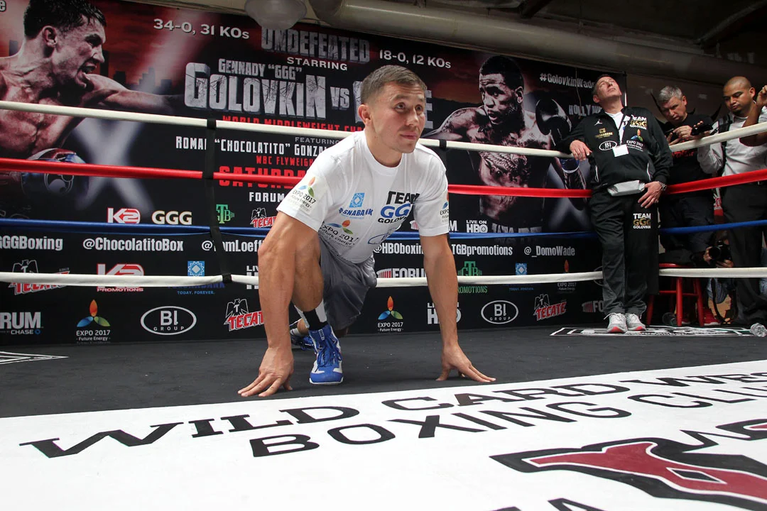 Gennady Golovkin at his media workout before his fight against Dominic Wade this past April. Photo: Chris Farina/K2 Promotions