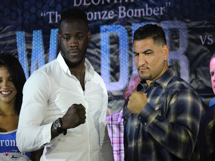 Deontay Wilder (left) and Chris Arreola (right) pose for the media after their press conference to announce their fight on July 16. Photo: Harvey Feliciano - Z-BoxingNews/Frontproof Media