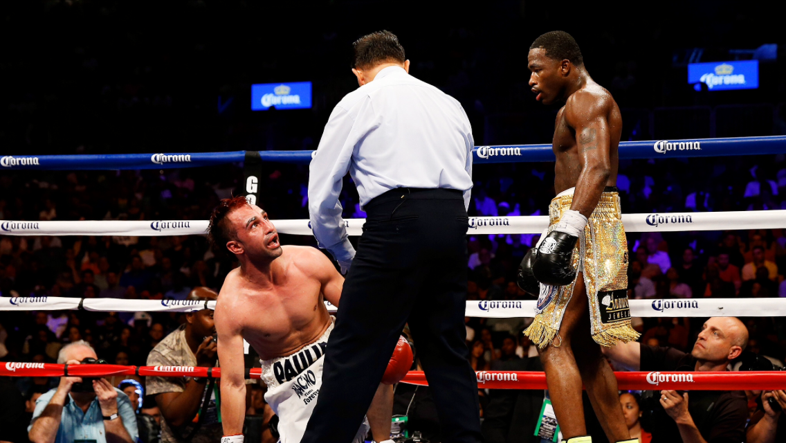 Broner looks upon his fallen opponent Paulie Malignaggi. Photo: Nick Laham/Golden Boy/Getty Images