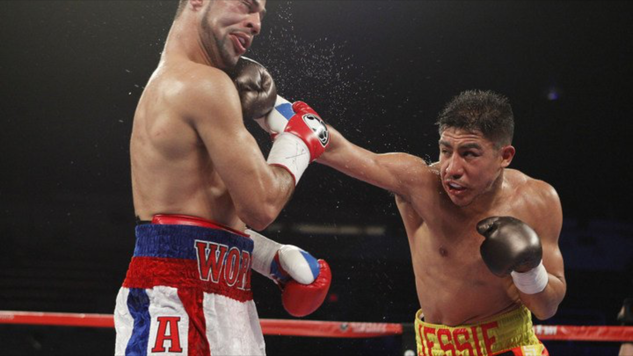 Jessie Vargas lands a right hand on Sadam Ali. Vargas won the vacant WBO title against Ali. Photo: Tom Hogan/Hogan Photos/Golden Boy Promotions