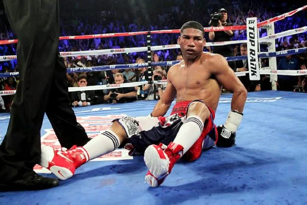 Yuriorkis Gamboa after a knockdown in his fight against Terence Crawford in 2014. Photo: Chris Farina/Top Rank