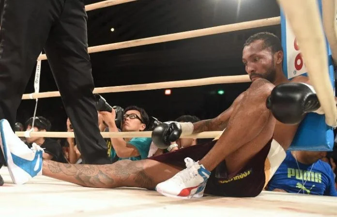 Anselmo Moreno slumps in the corner after the fight is stopped in the seventh round. Photo: Naoki Fukuda/RingTV