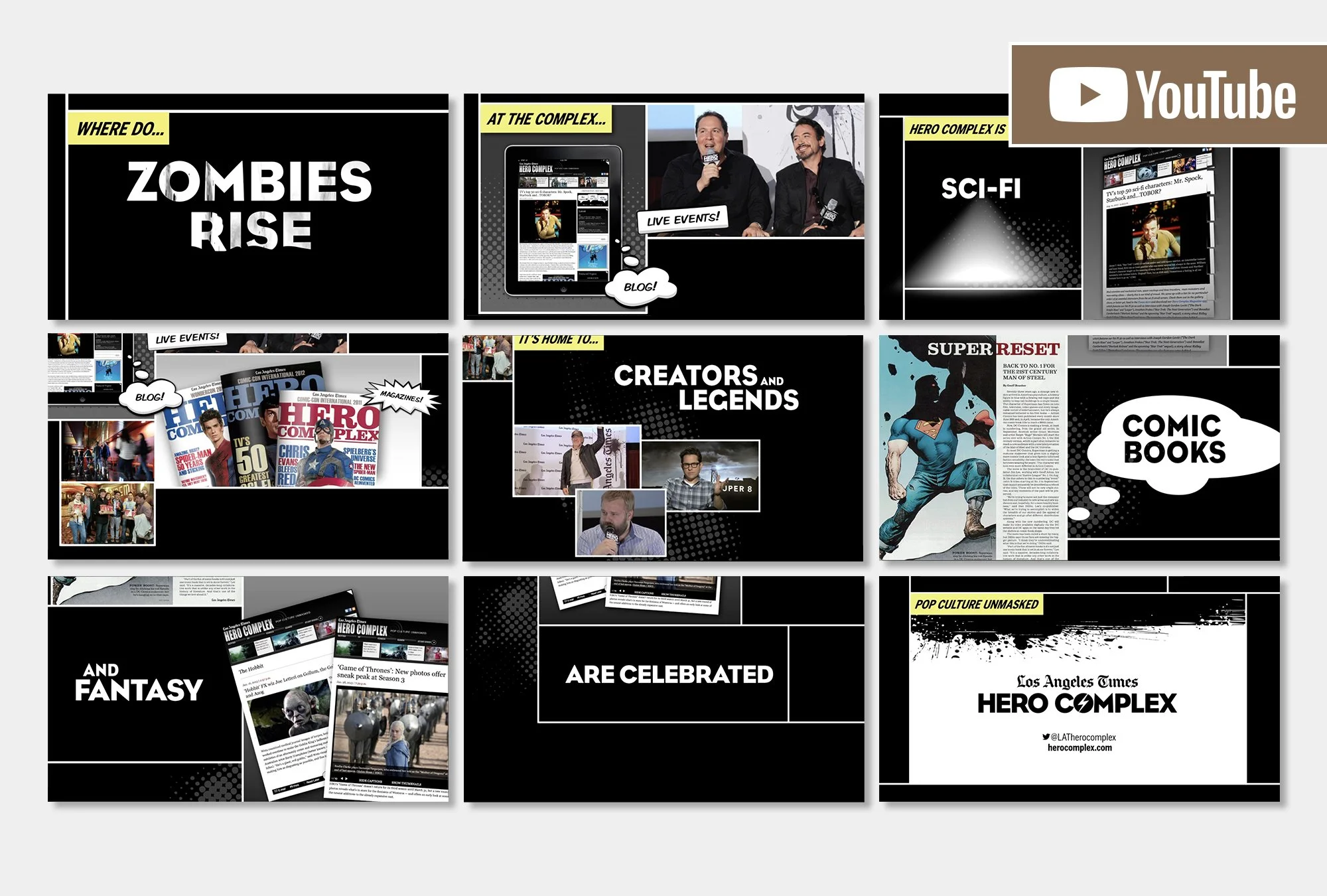Hero Complex (Los Angeles Times) Stills from a video promo featured at PaleyFest. (1920×1080px) Project role: Workied within established LA Times and Hero Complex brand identities, storyboarded video, directed animation. CLICK IMAGE TO WATCH VID