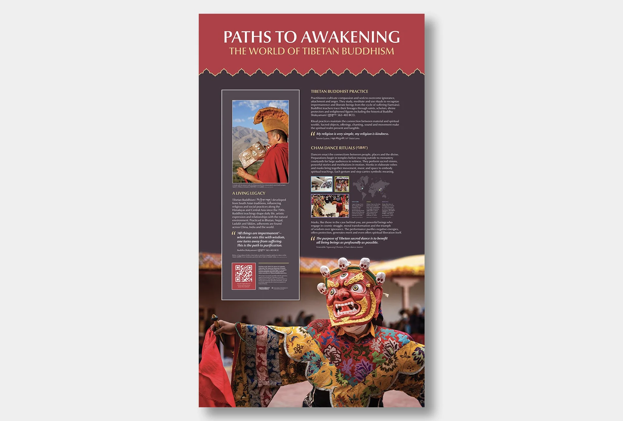   Paths to Awakening (American Museum of Natural History)  Wall graphic draft designed with input from Columbia University graduate students, displayed at the AMNH Hall of Asian Peoples. (52×96”)  Project role: Established look-and-feel, integrated s