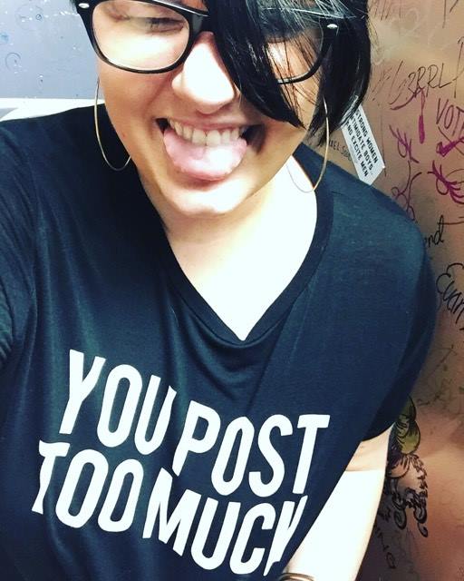 Cat Polivoda in a "you post too much" top. 