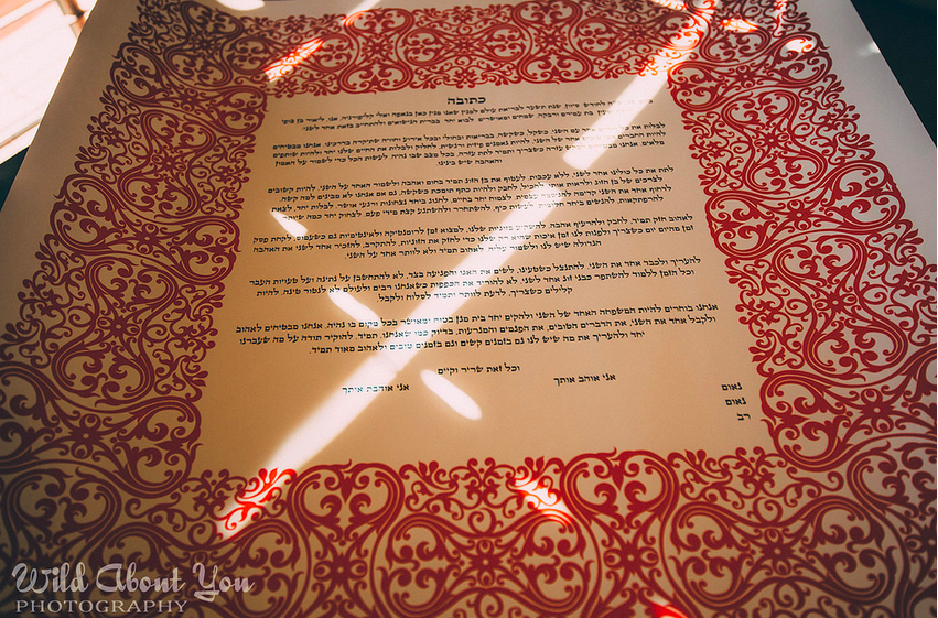 the wedding couple typed their ketubah text, using a calligraphy-style font, then printed it onto purchased paper with a border design they liked. 